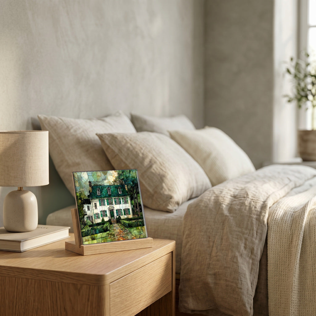 On the nightstand, catching the morning.
