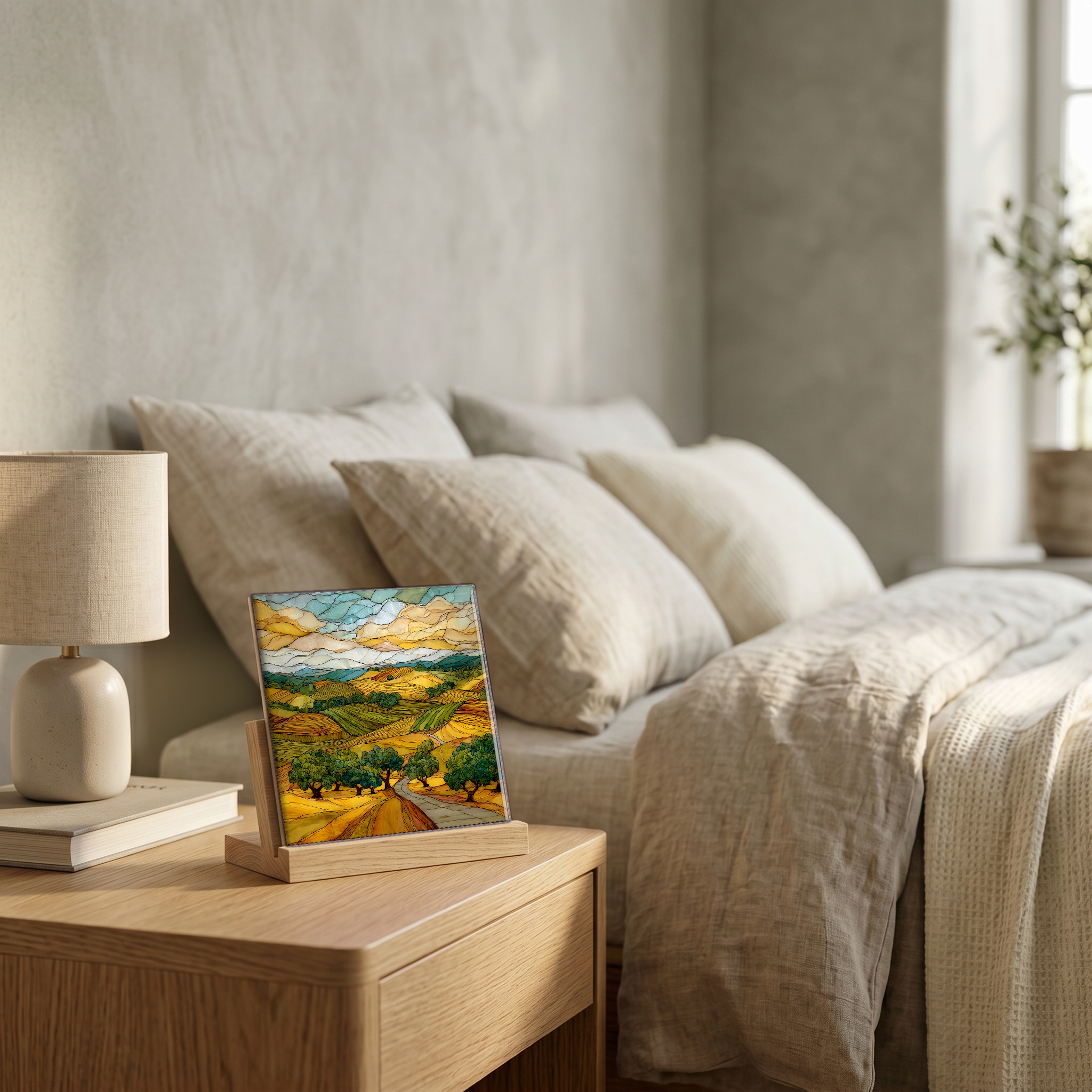 On the nightstand, on a light oak stand.