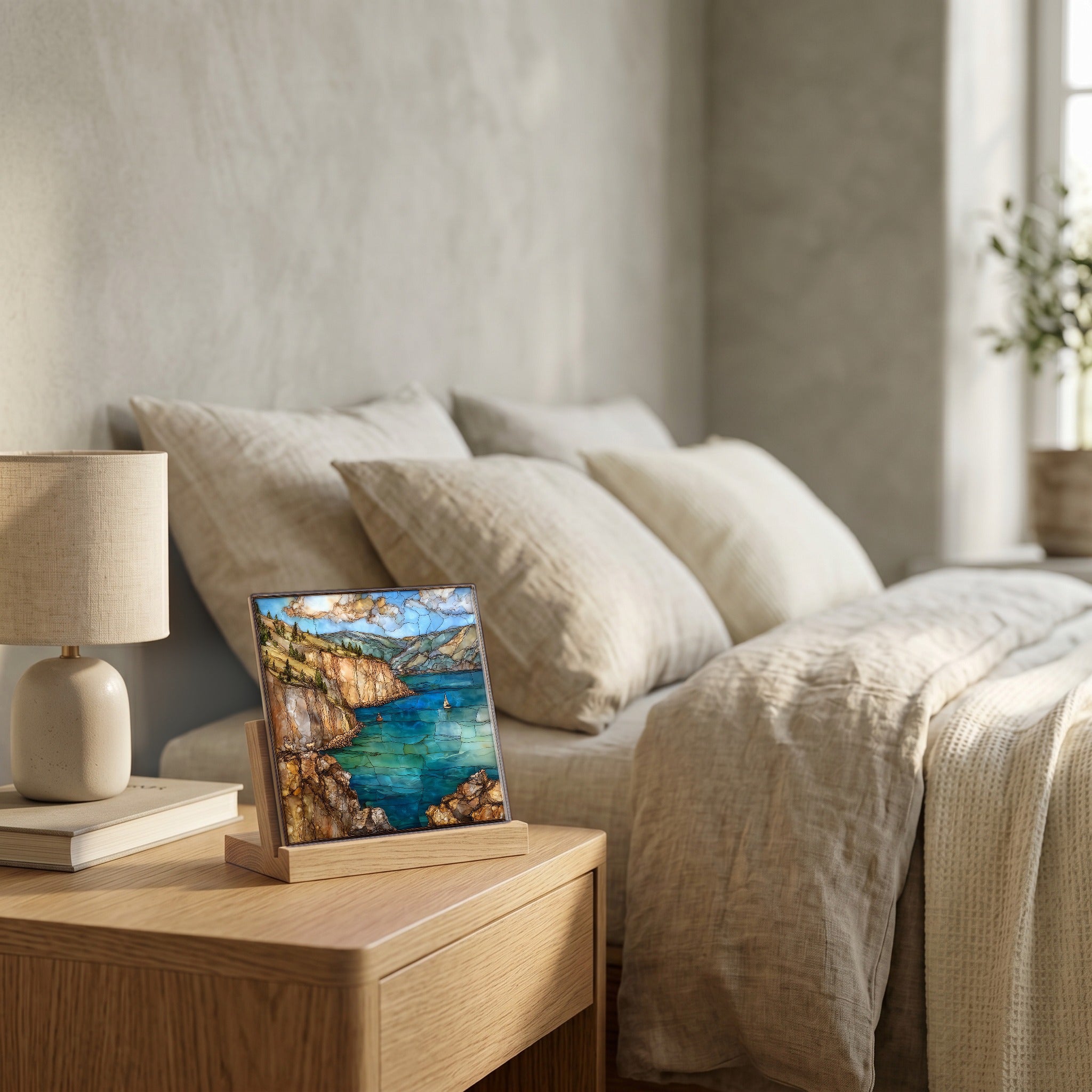 On the nightstand, catching the morning.