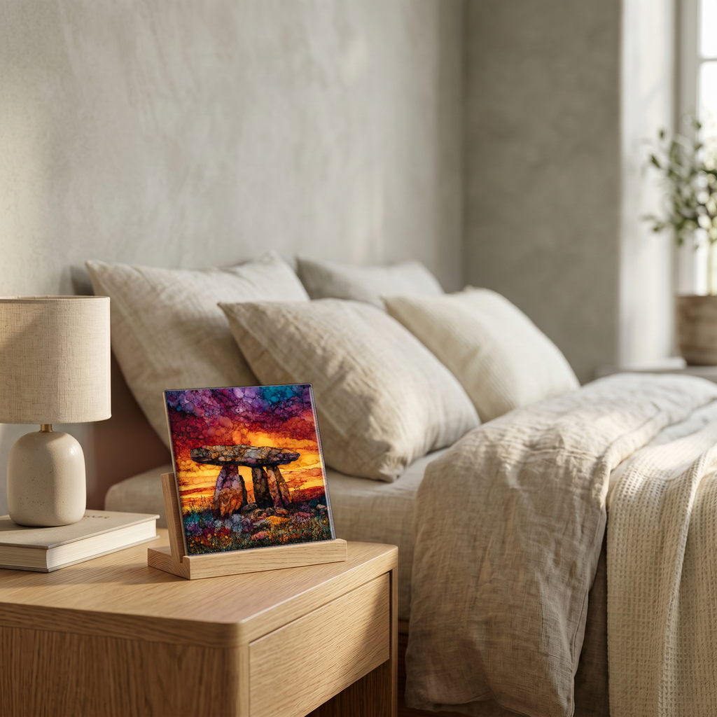 On the nightstand, on a light oak stand.