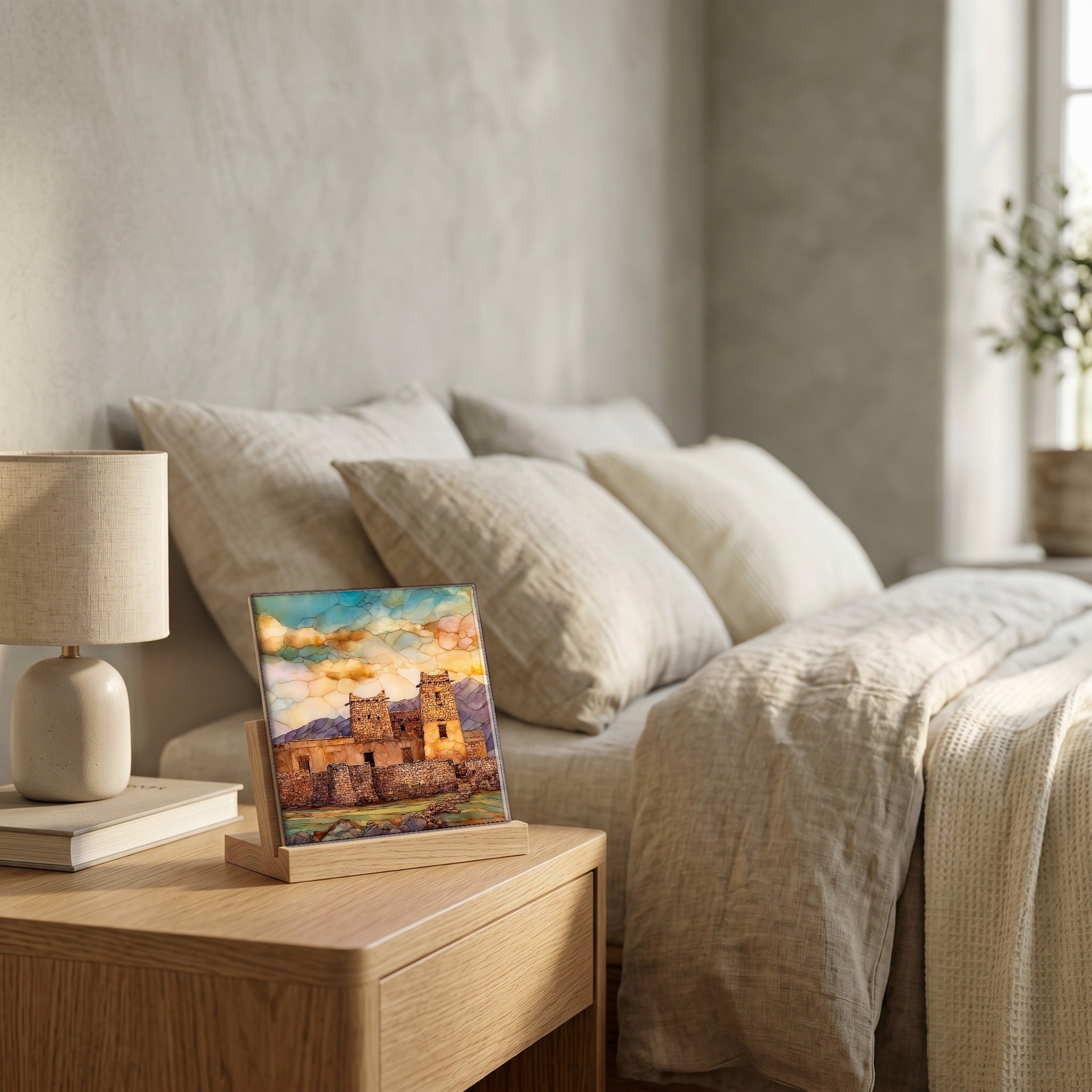 On the nightstand, on a light oak stand.
