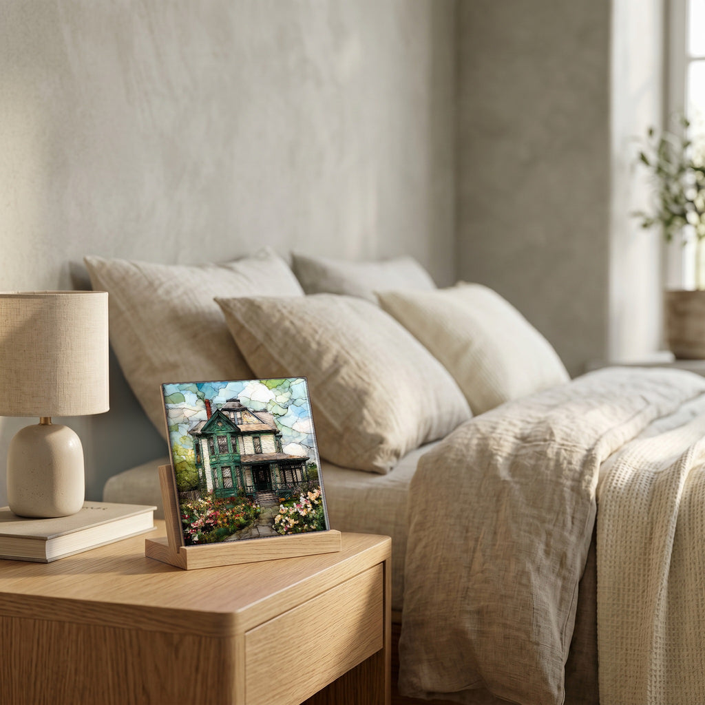 On the nightstand, catching the morning.