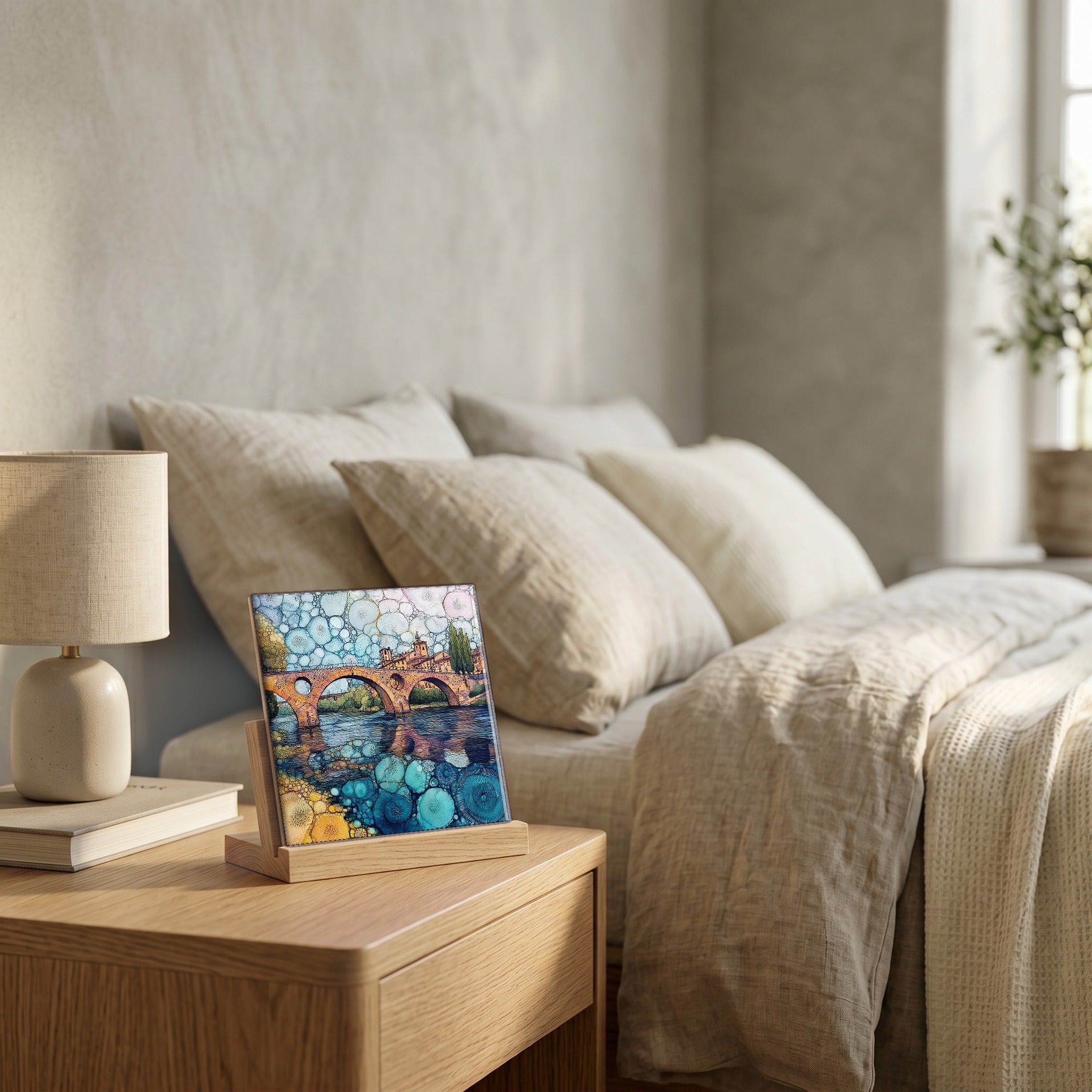 On the nightstand, on a light oak stand.