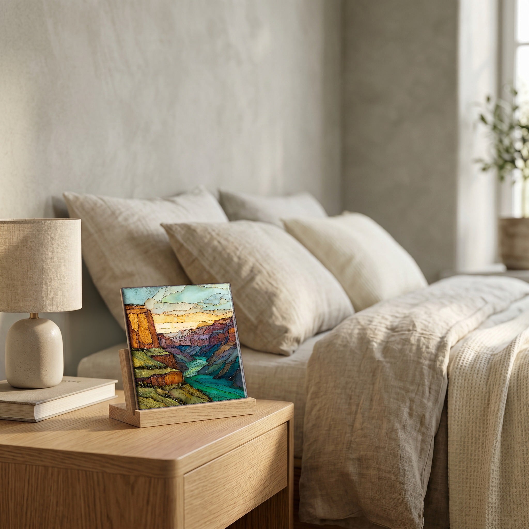 On the nightstand, catching the morning.