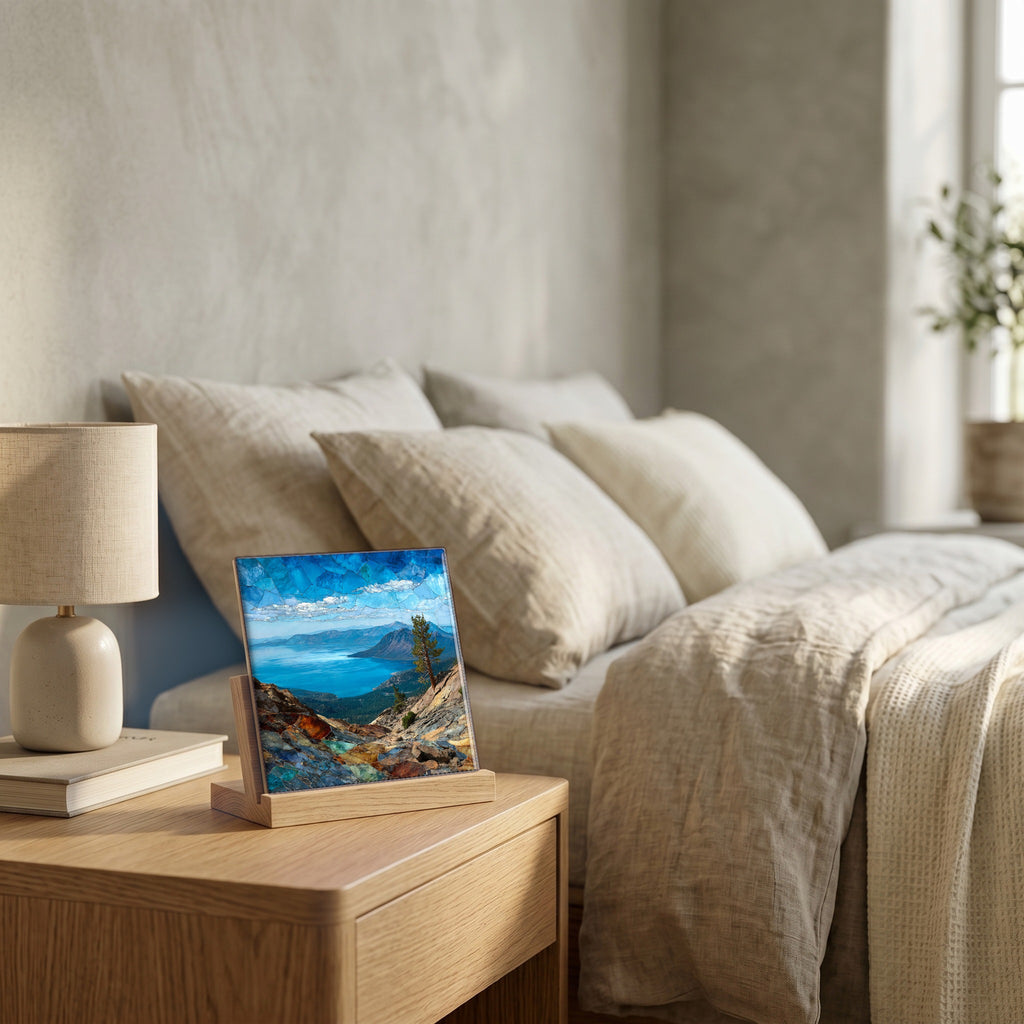 On the nightstand, catching the morning.
