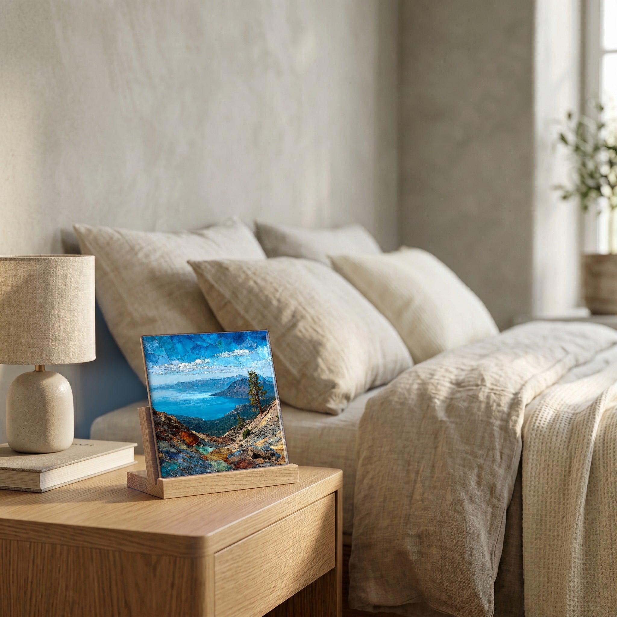 On the nightstand, catching the morning.
