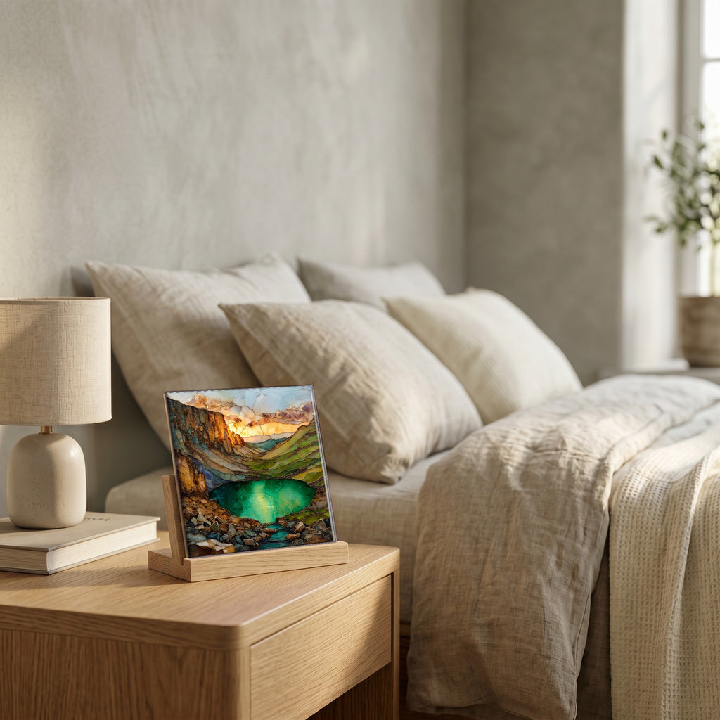 On the nightstand, on a light oak stand.