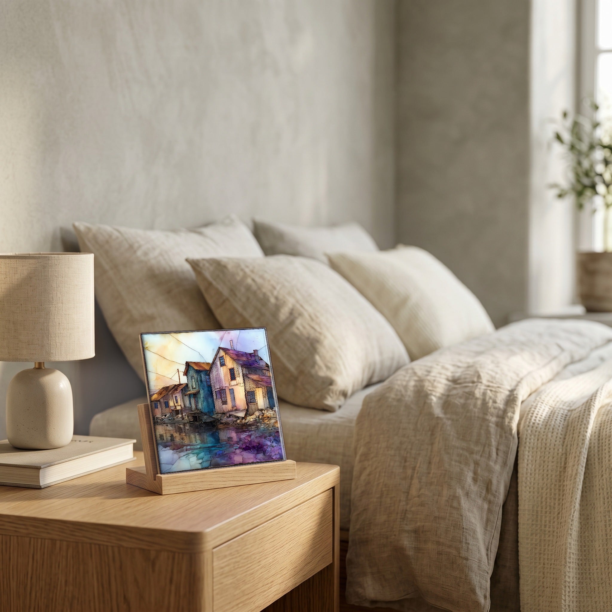 On the nightstand, catching the morning.