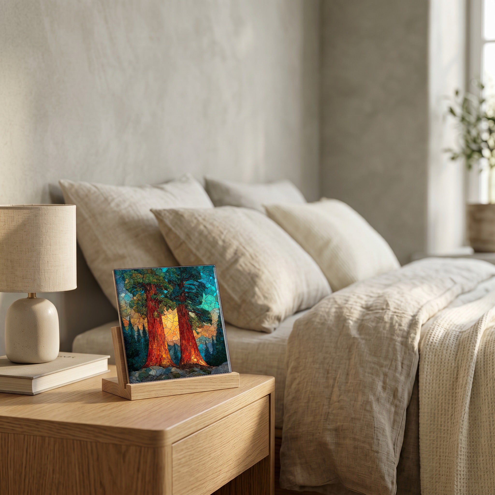 On the nightstand, catching the morning.