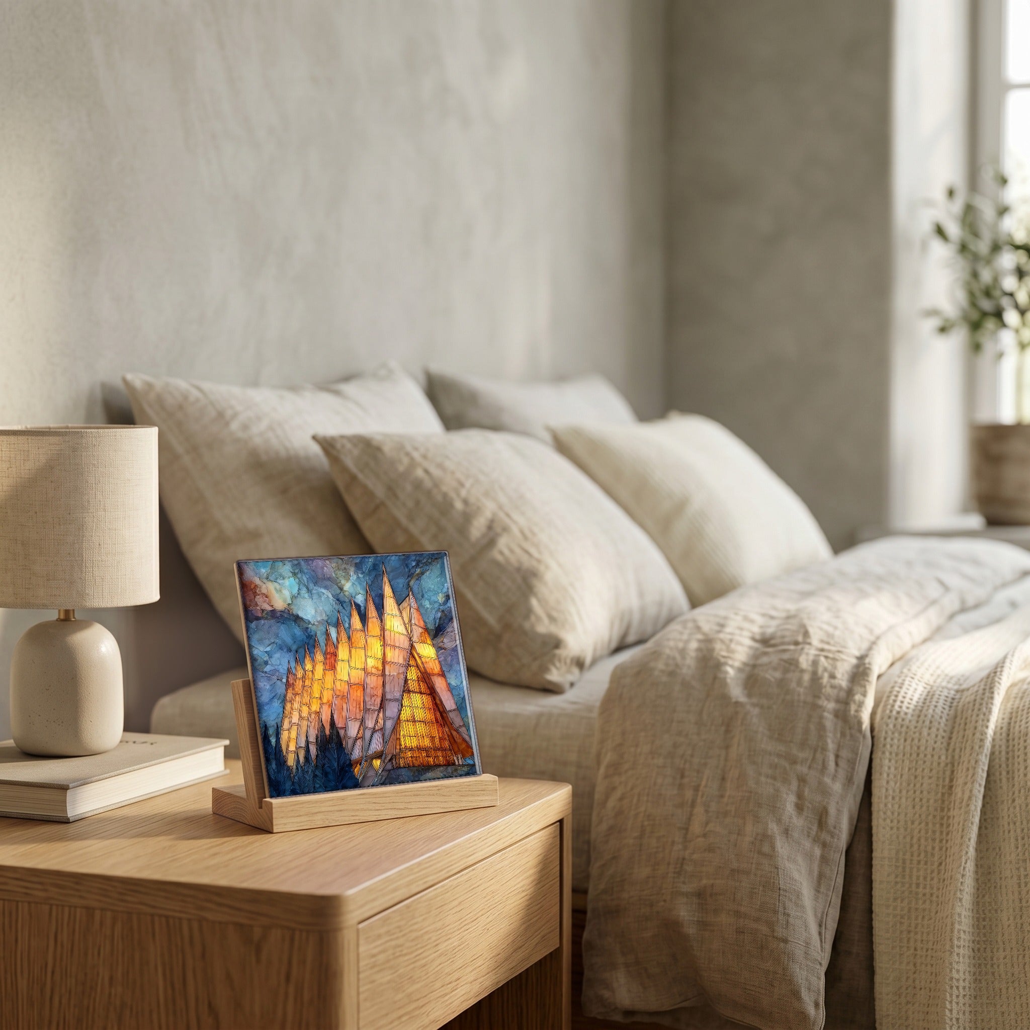 On the nightstand, on a light oak stand.