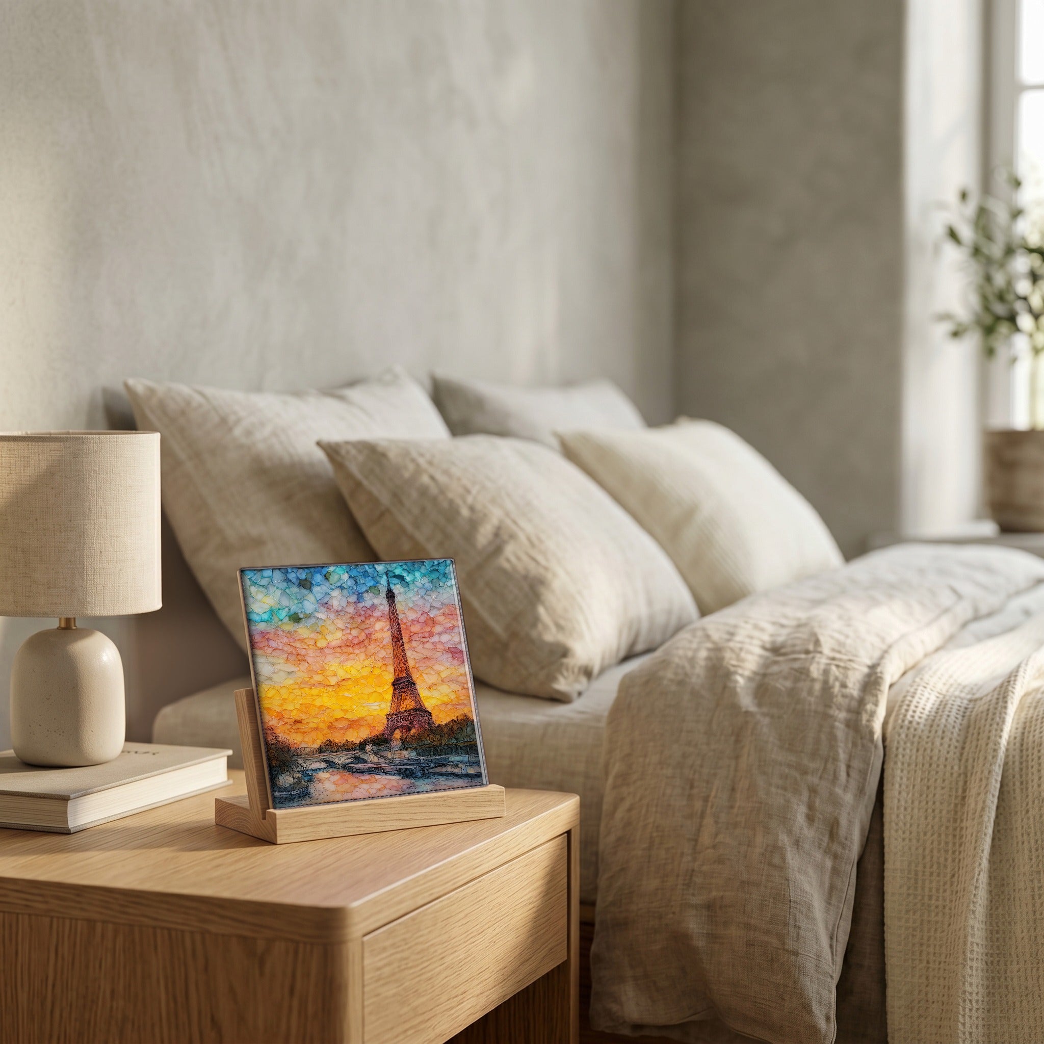 On the nightstand, on a light oak stand.