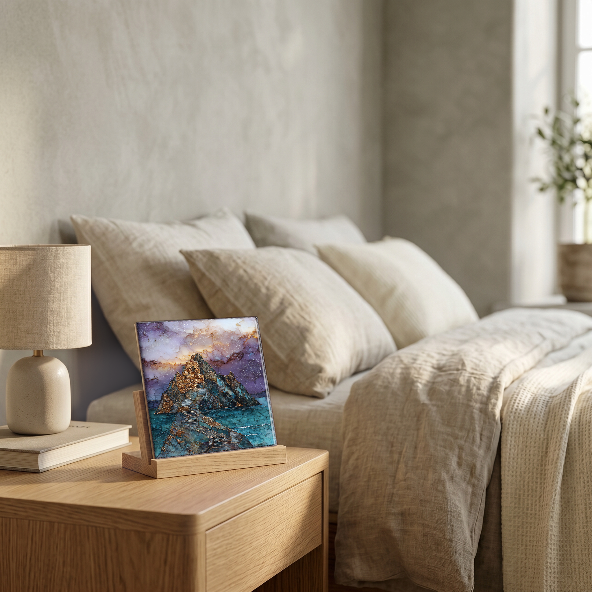 On the nightstand, on a light oak stand.