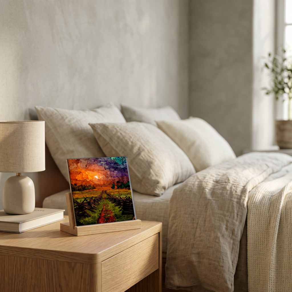 On the nightstand, catching the morning.