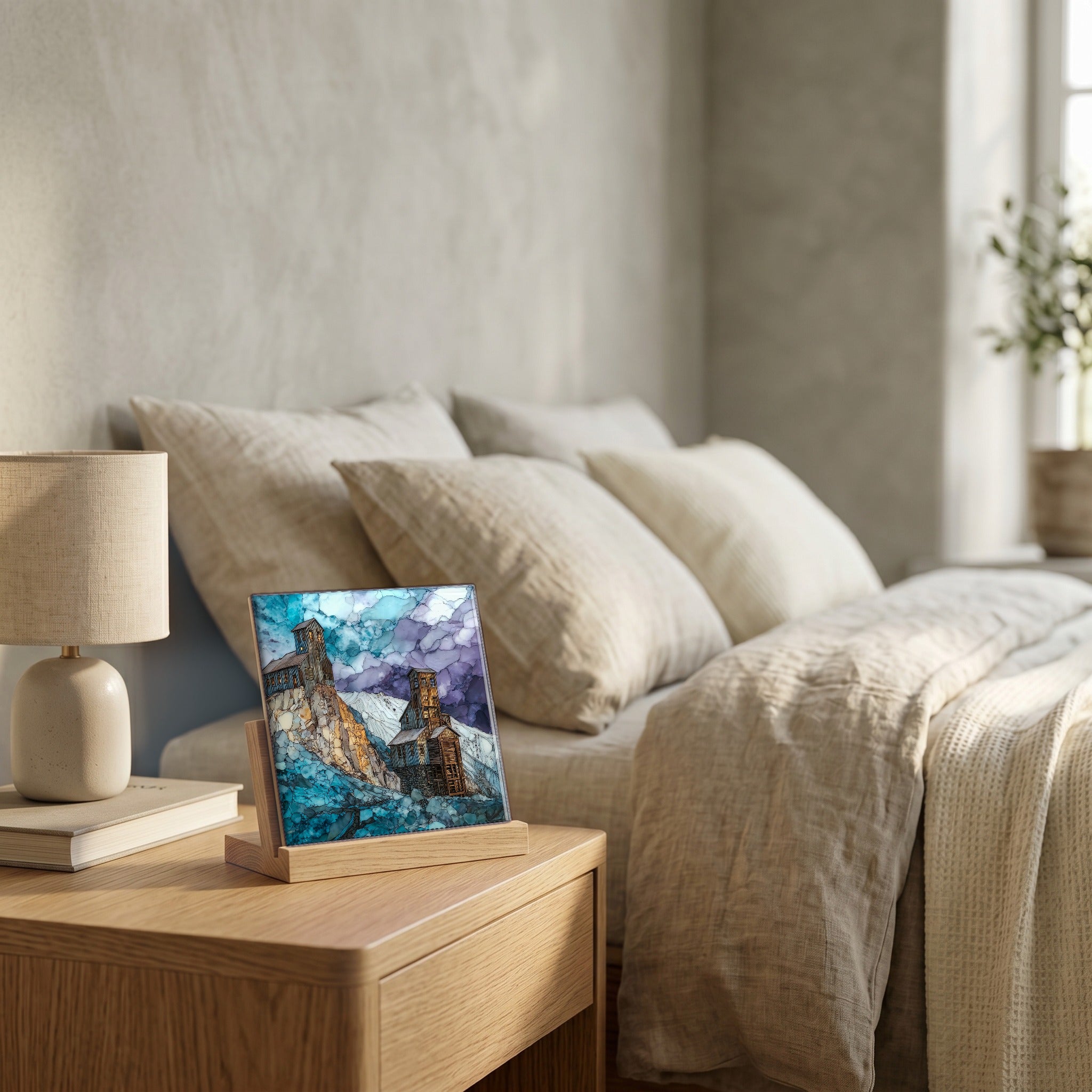 On the nightstand, catching the morning.