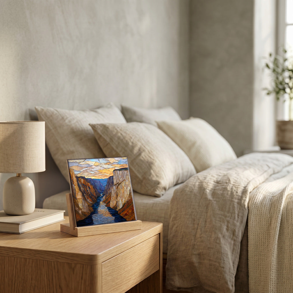 On the nightstand, on a light oak stand.