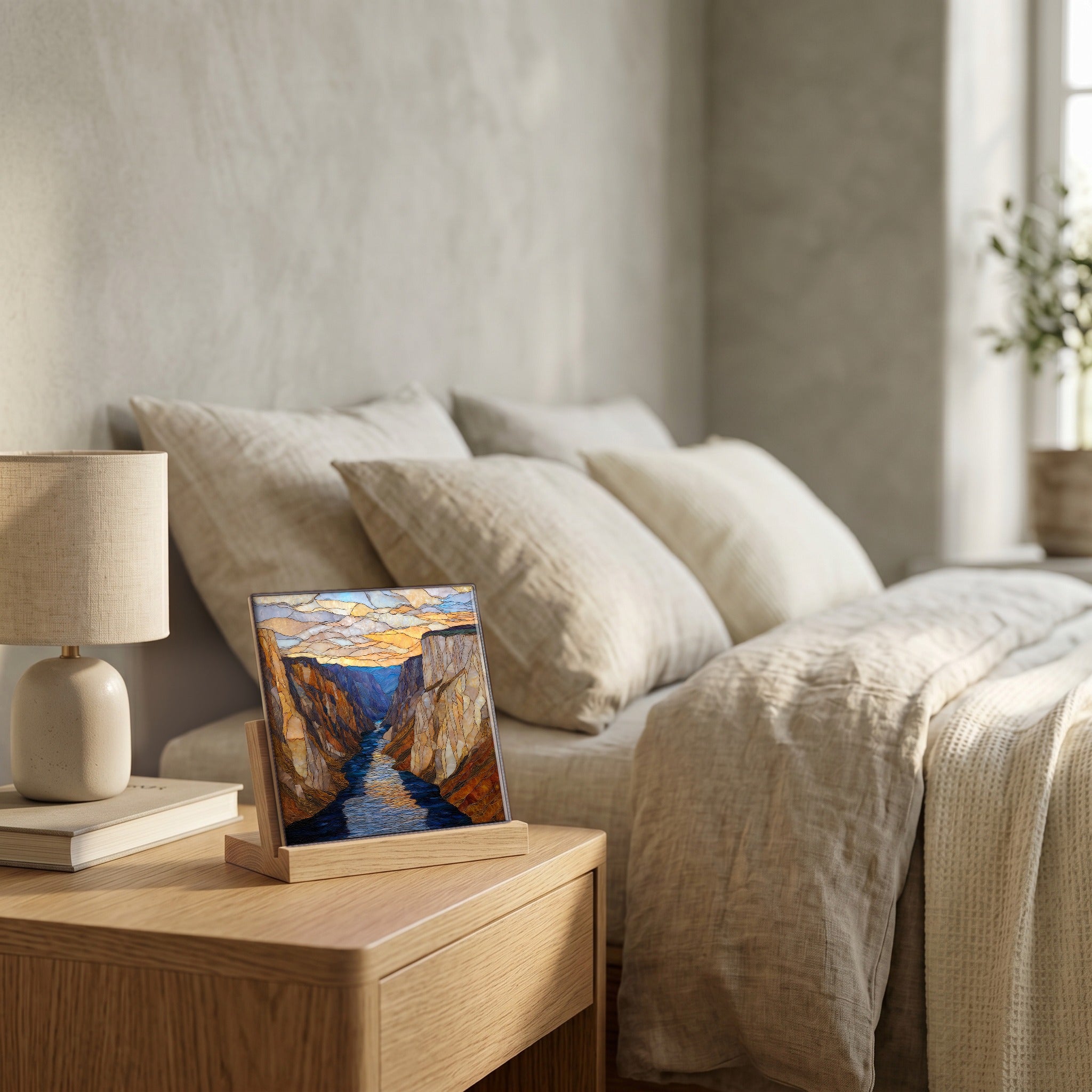 On the nightstand, on a light oak stand.