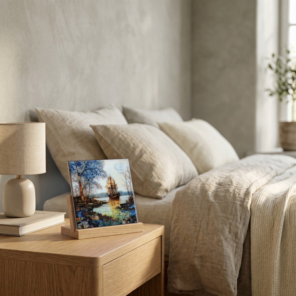 On the nightstand, catching the morning.