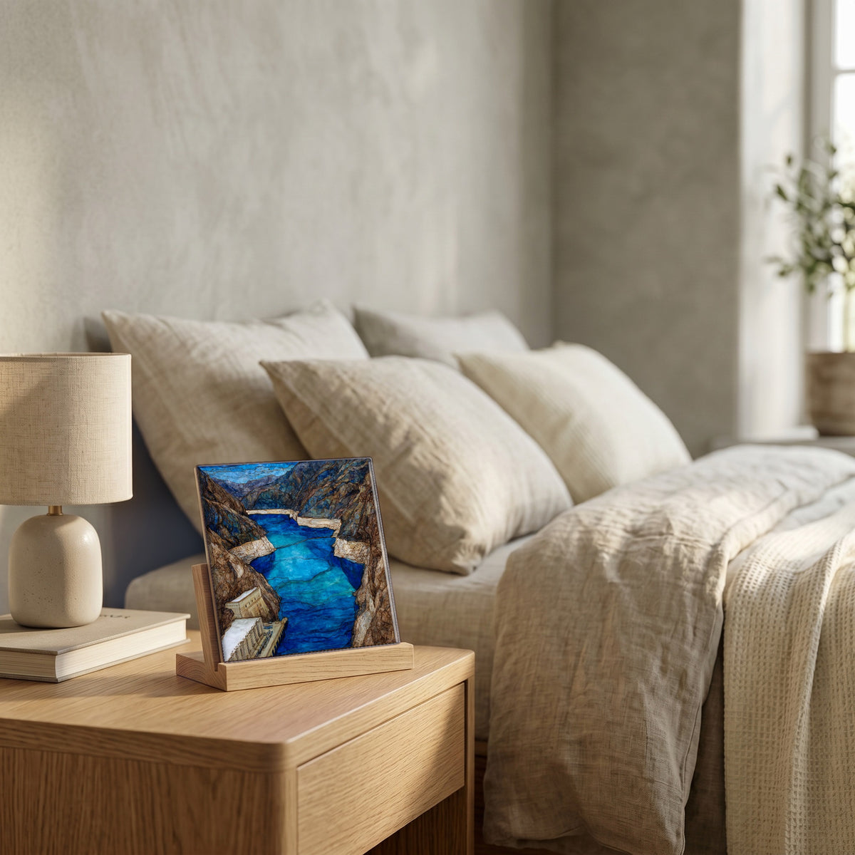 On the nightstand, catching the morning.