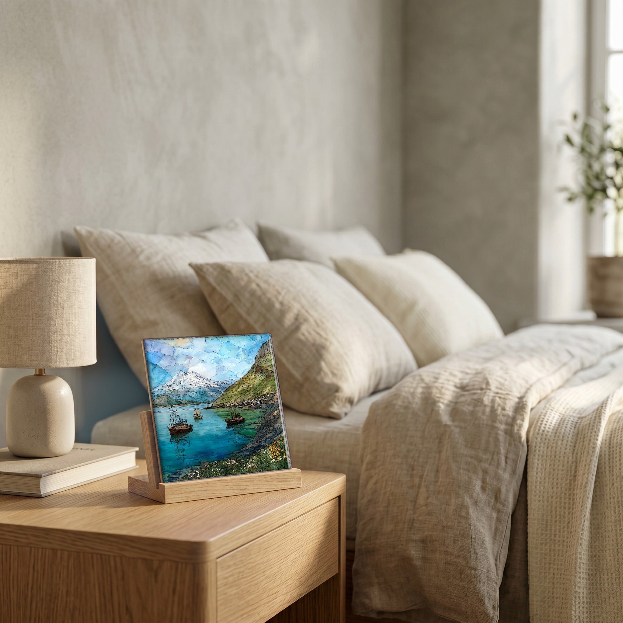 On the nightstand, catching the morning.