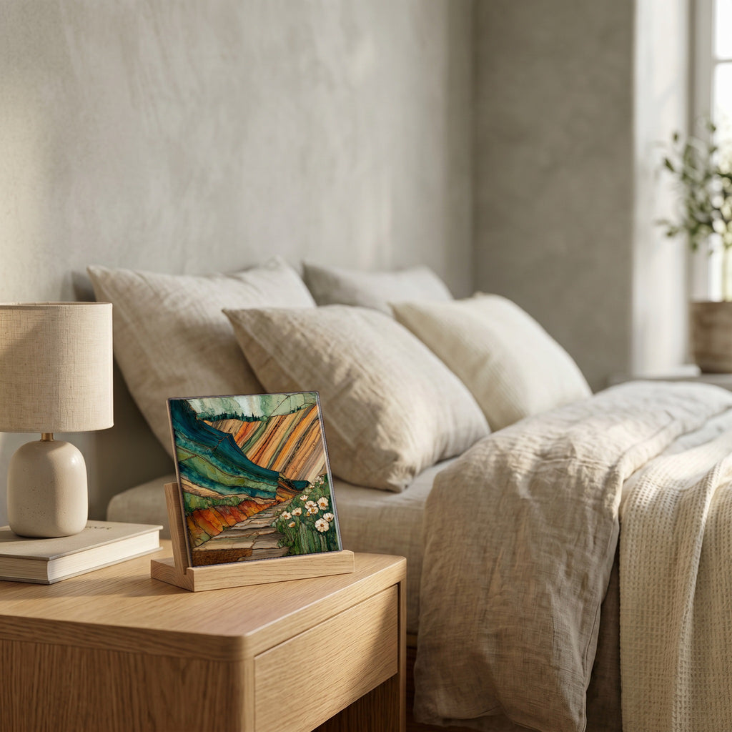 On the nightstand, catching the morning.