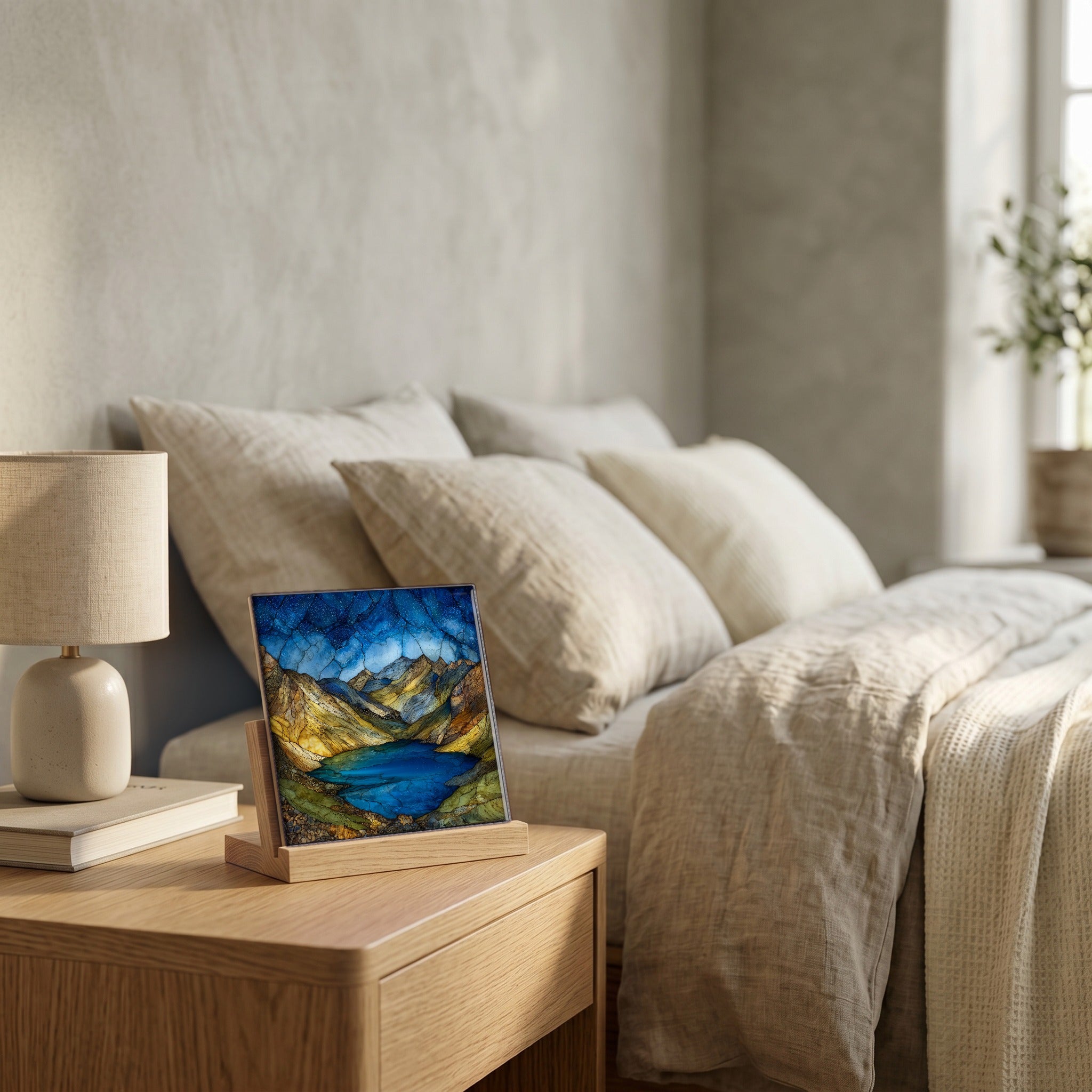On the nightstand, catching the morning.