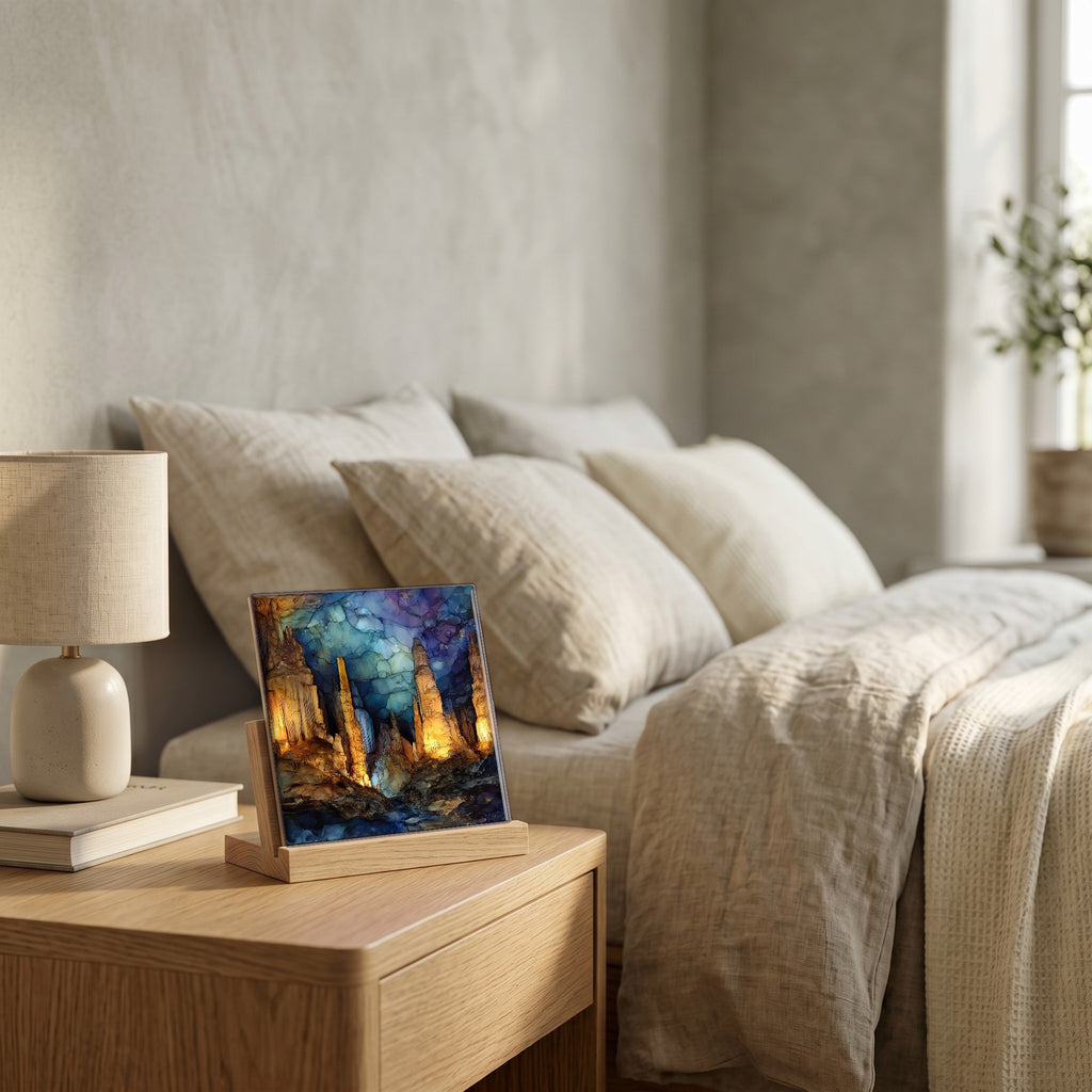 On the nightstand, catching the morning.