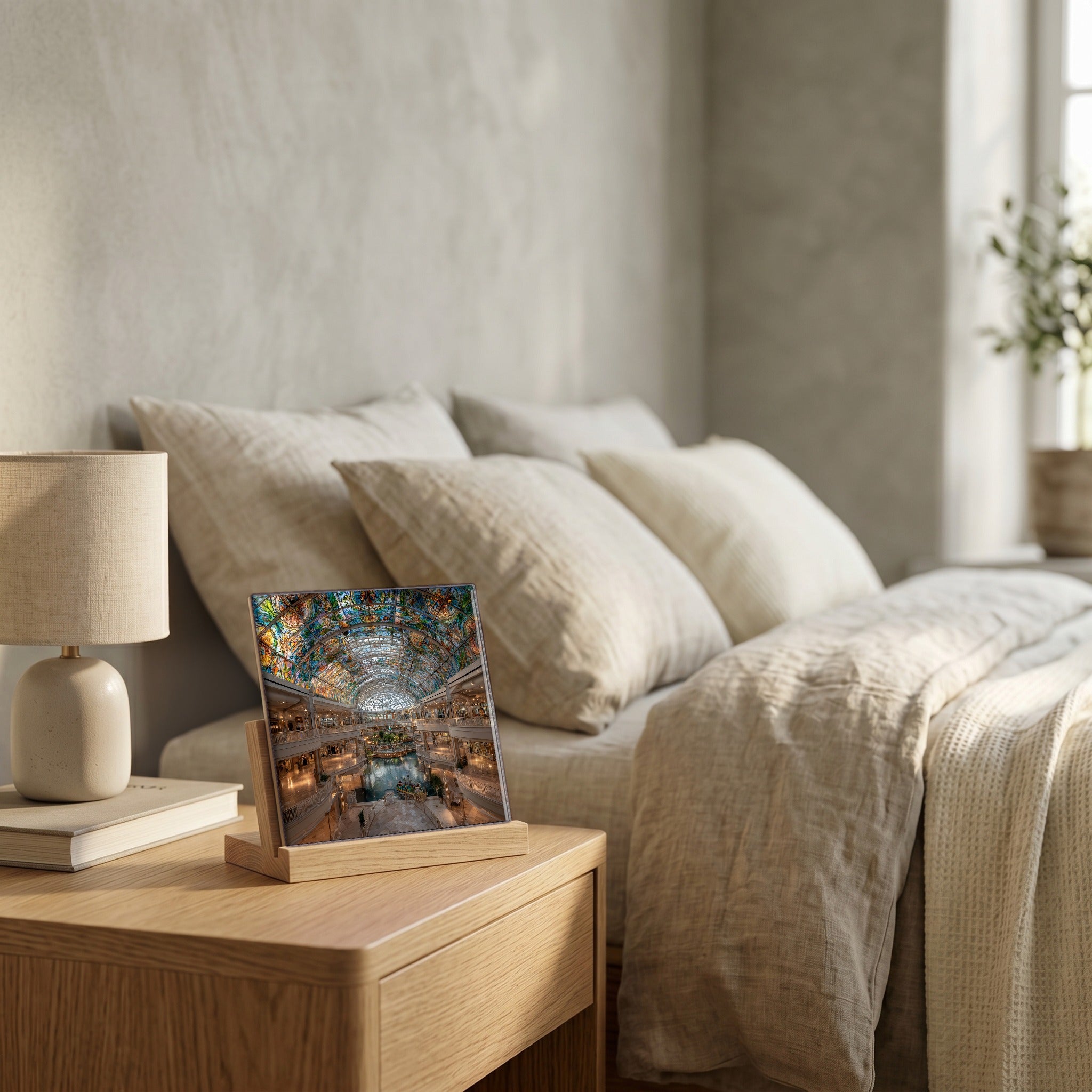 On the nightstand, catching the morning.