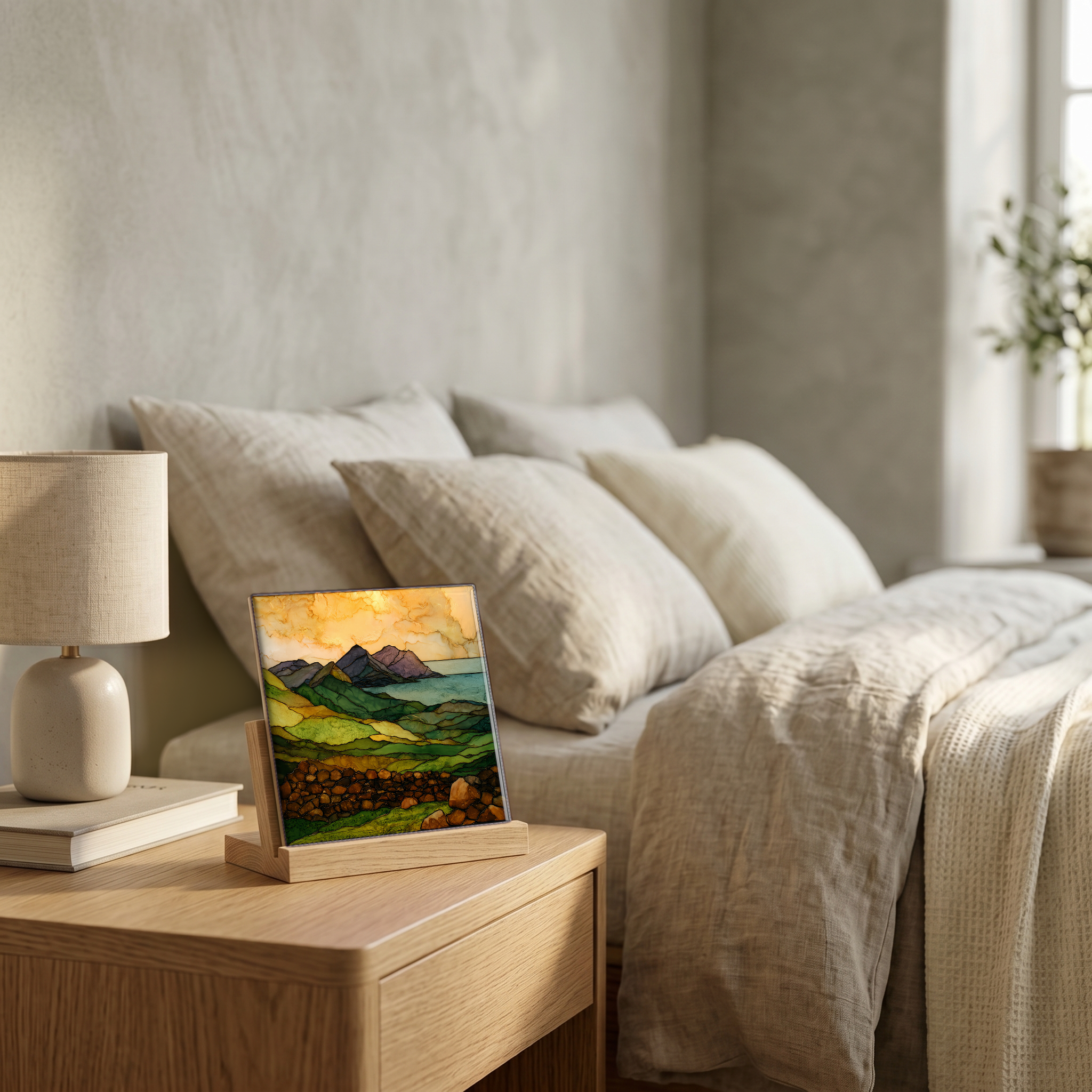 On the nightstand, on a light oak stand.