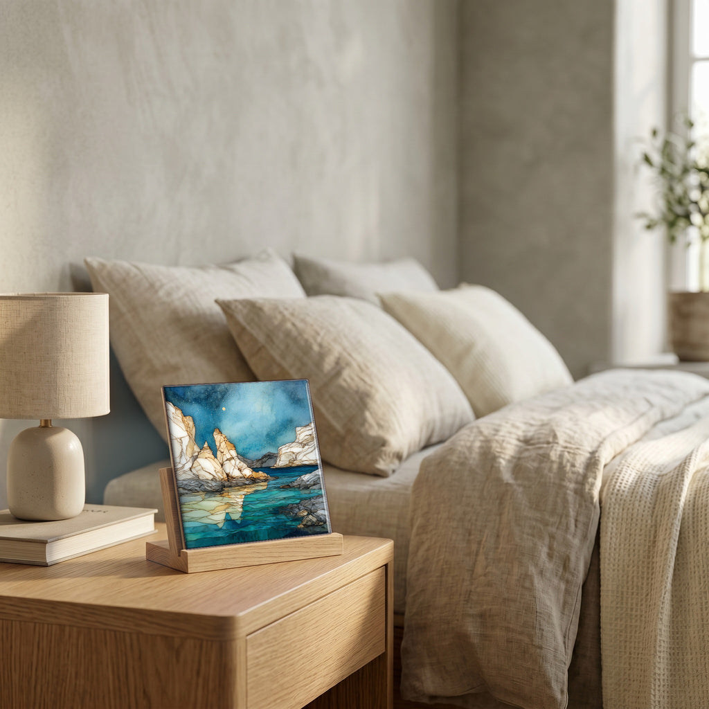 On the nightstand, catching the morning.