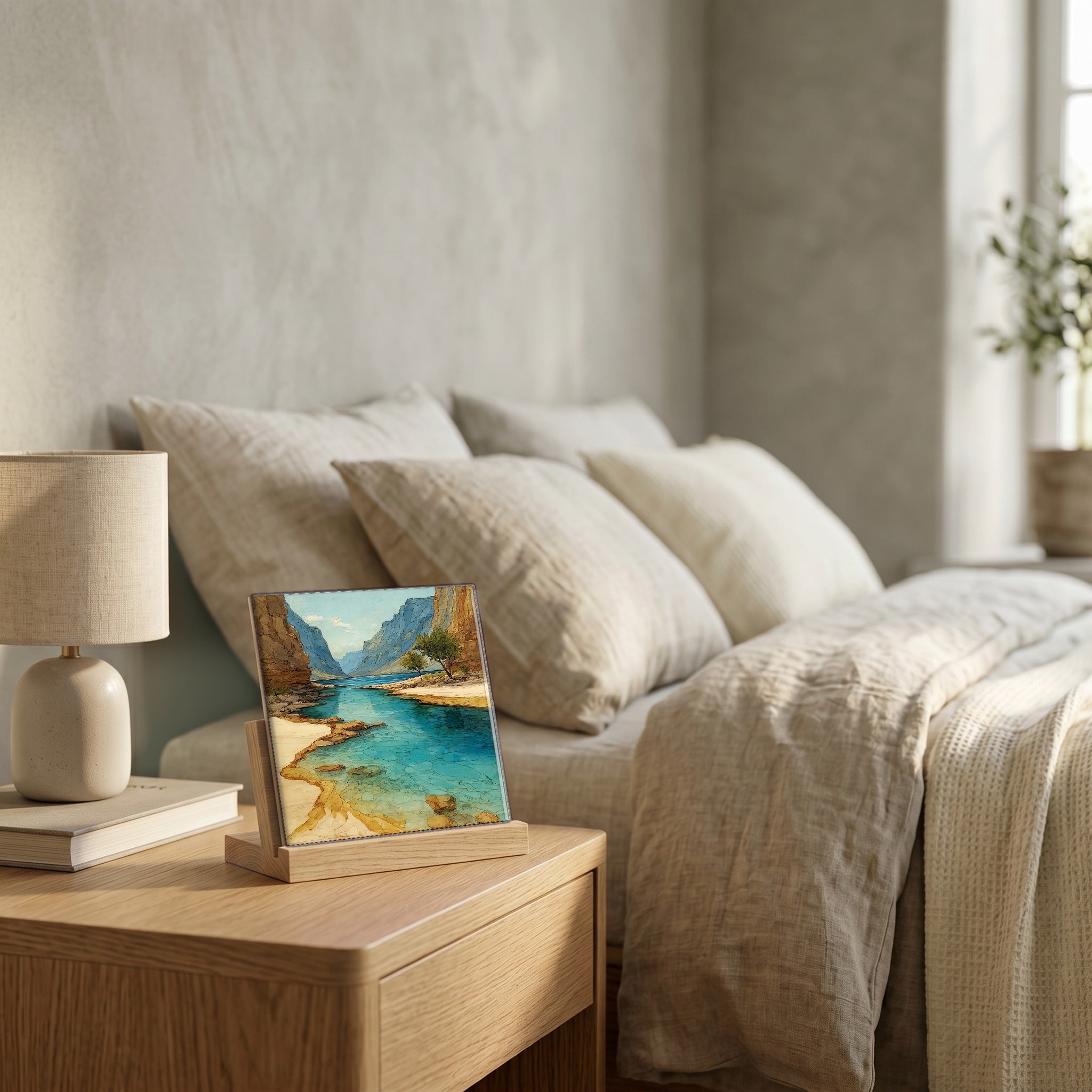 On the nightstand, catching the morning.