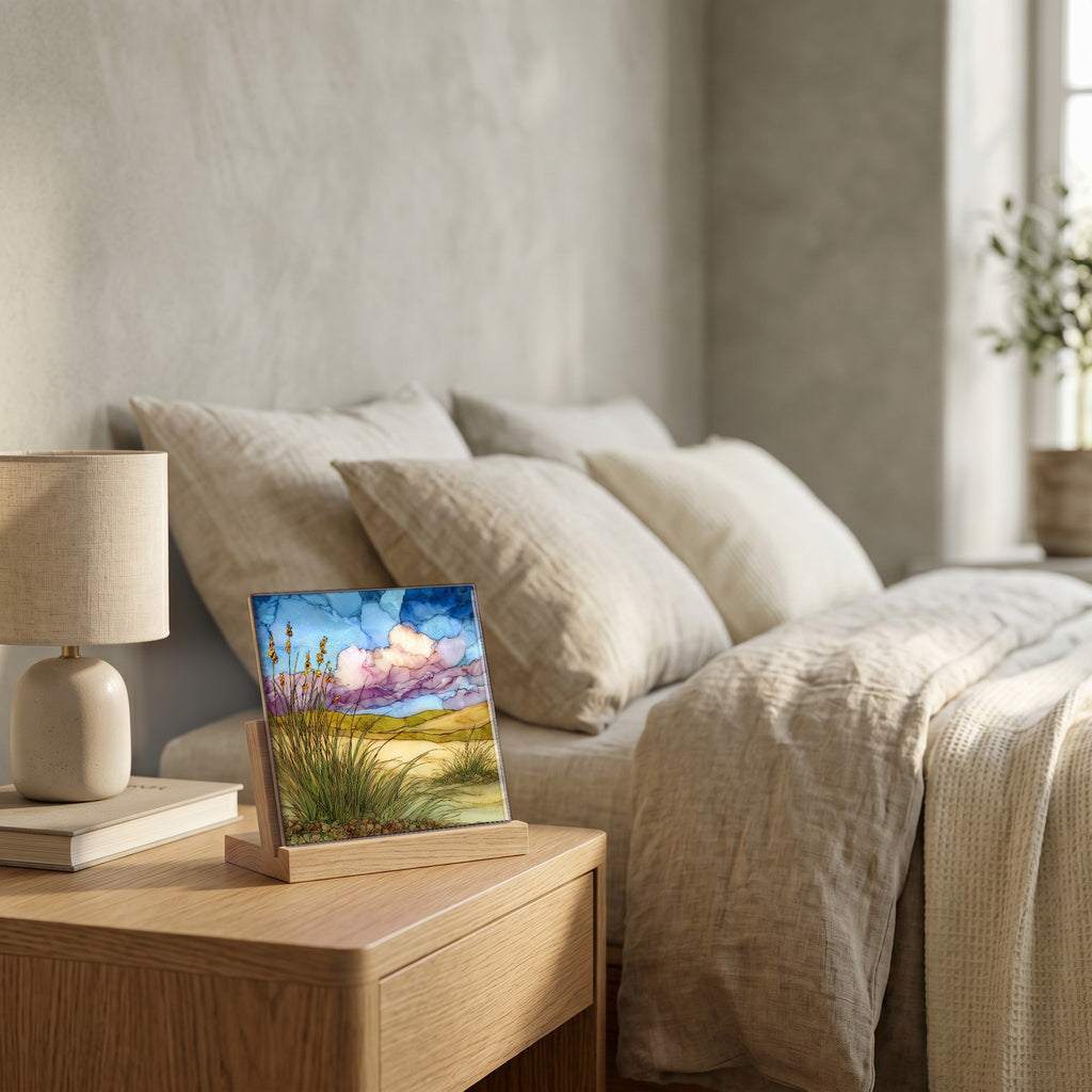 On the nightstand, catching the morning.