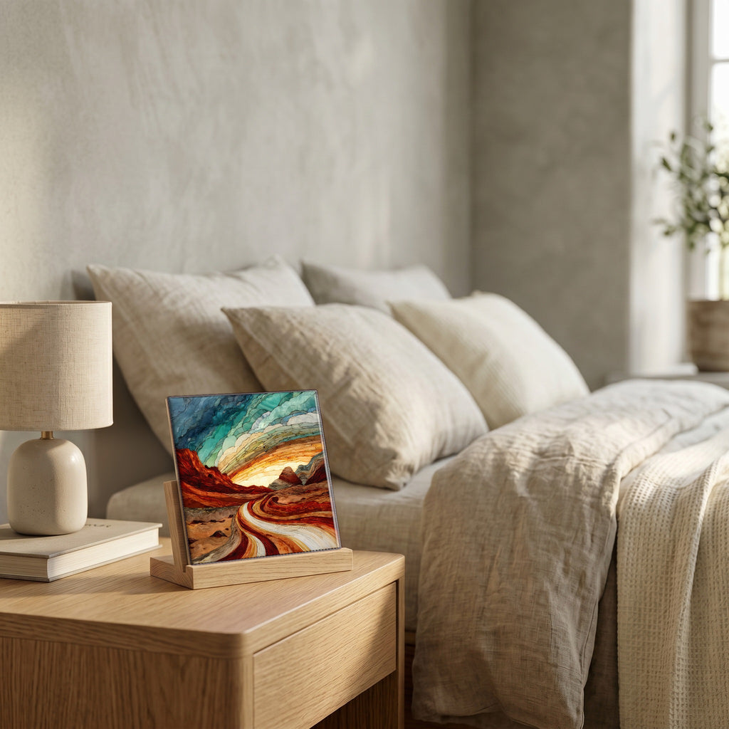 On the nightstand, catching the morning.