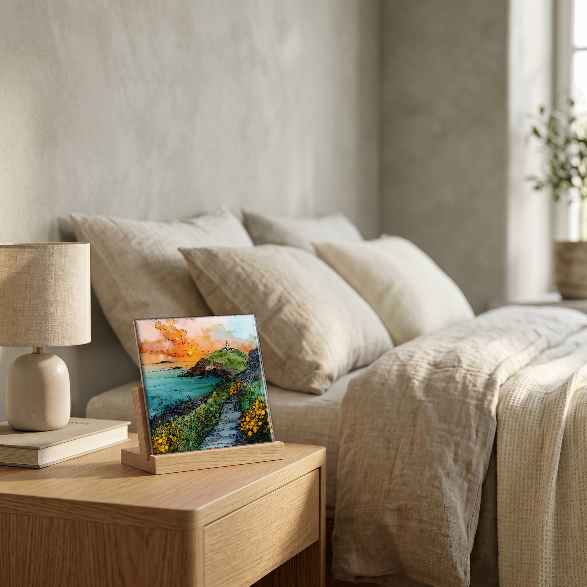 On the nightstand, on a light oak stand.