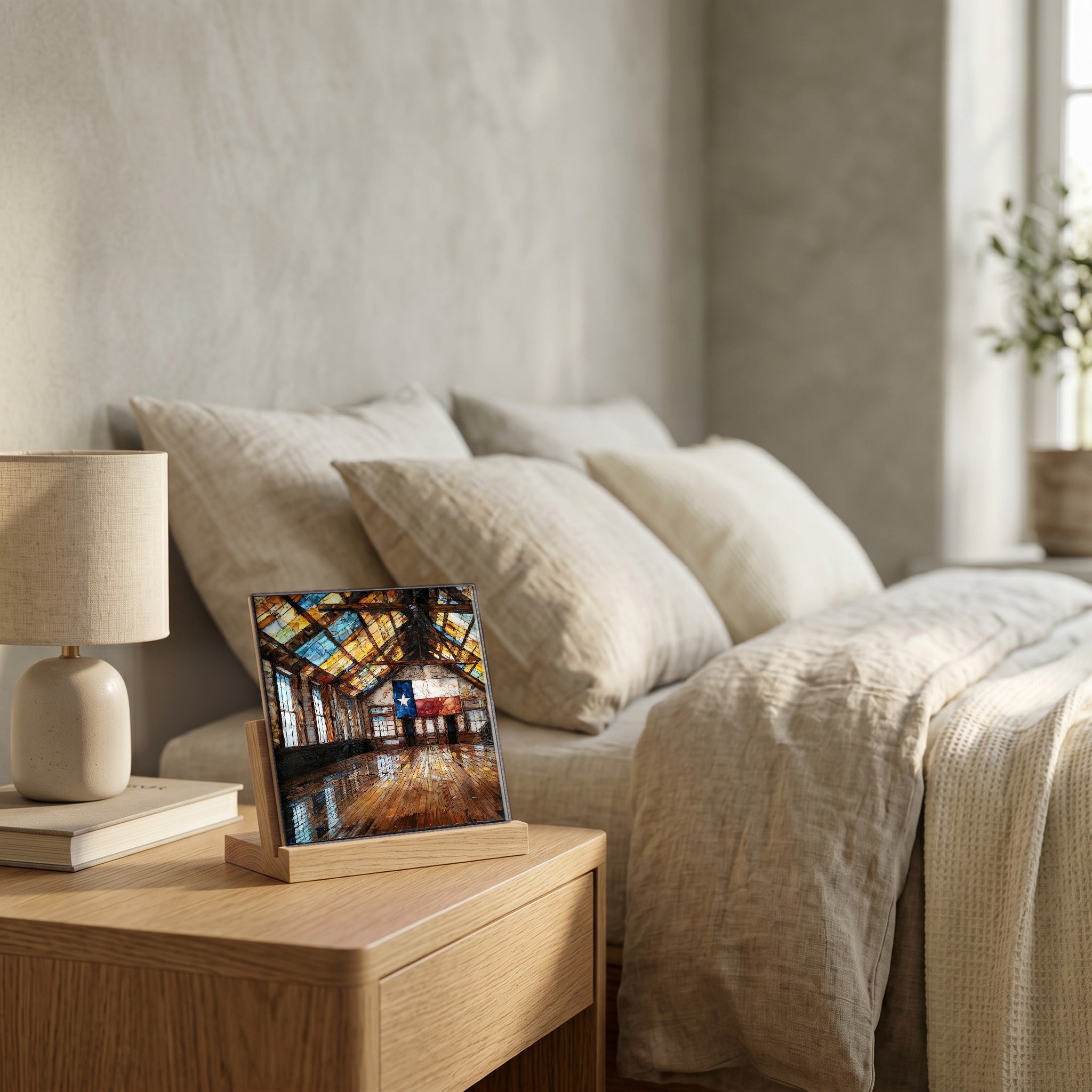On the nightstand, catching the morning.
