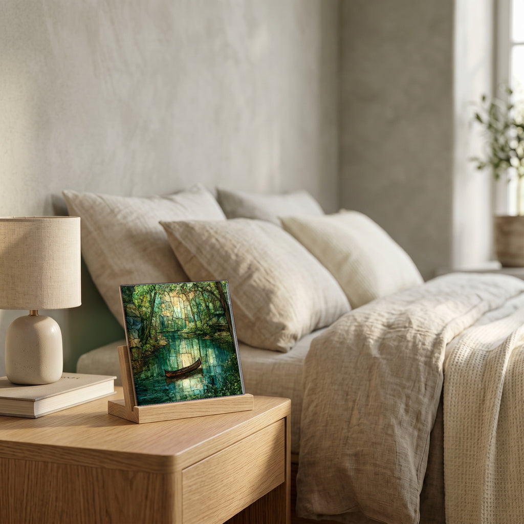 On the nightstand, catching the morning.