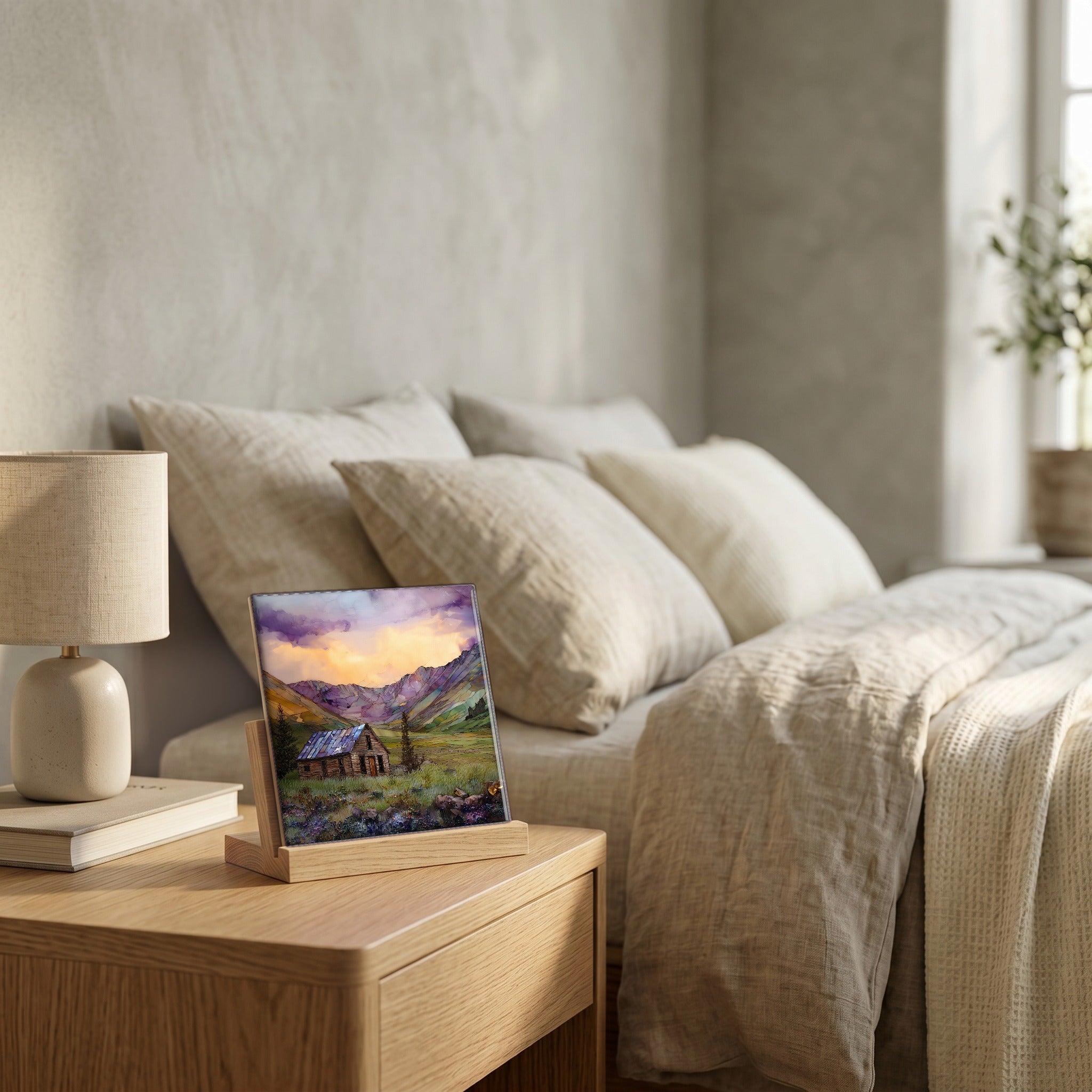 On the nightstand, catching the morning.