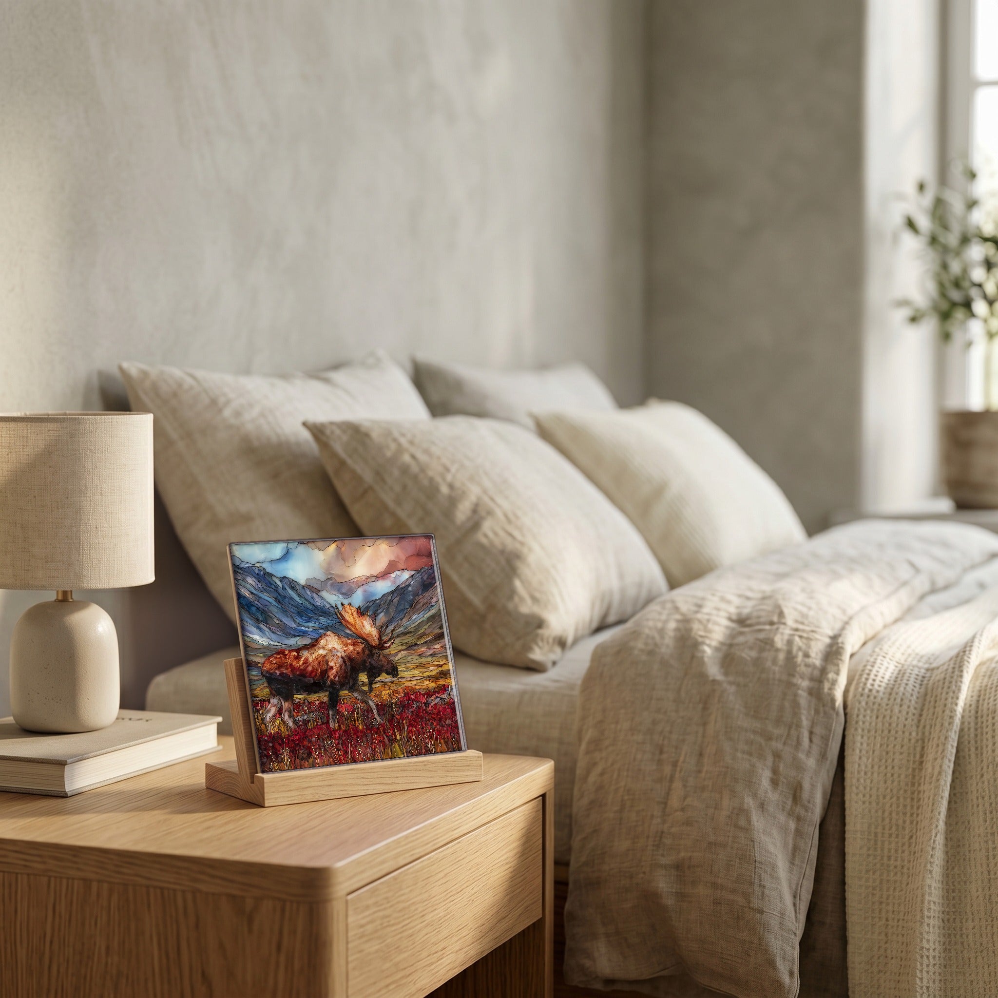 On the nightstand, catching the morning.