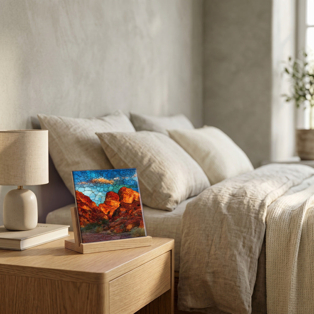 On the nightstand, catching the morning.