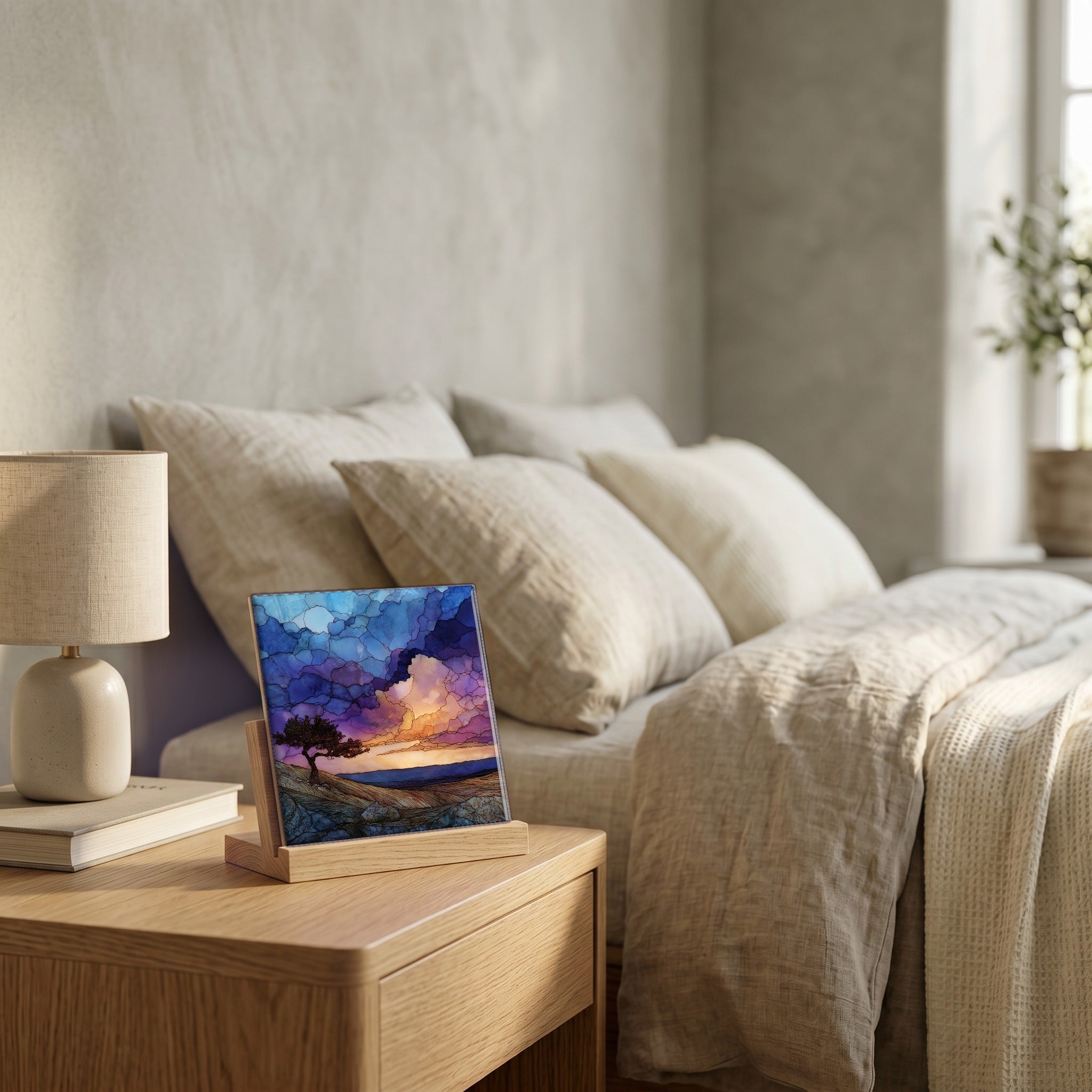On the nightstand, on a light oak stand.