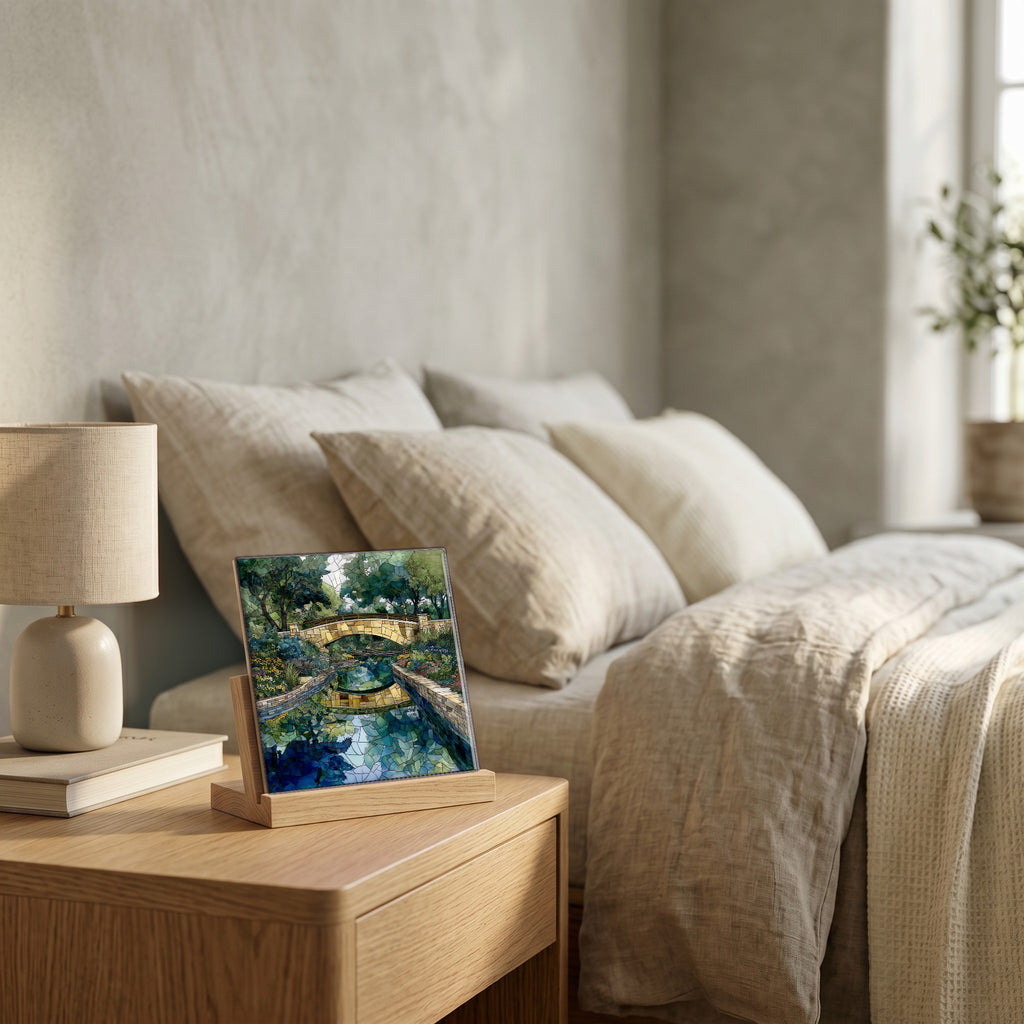 On the nightstand, catching the morning.