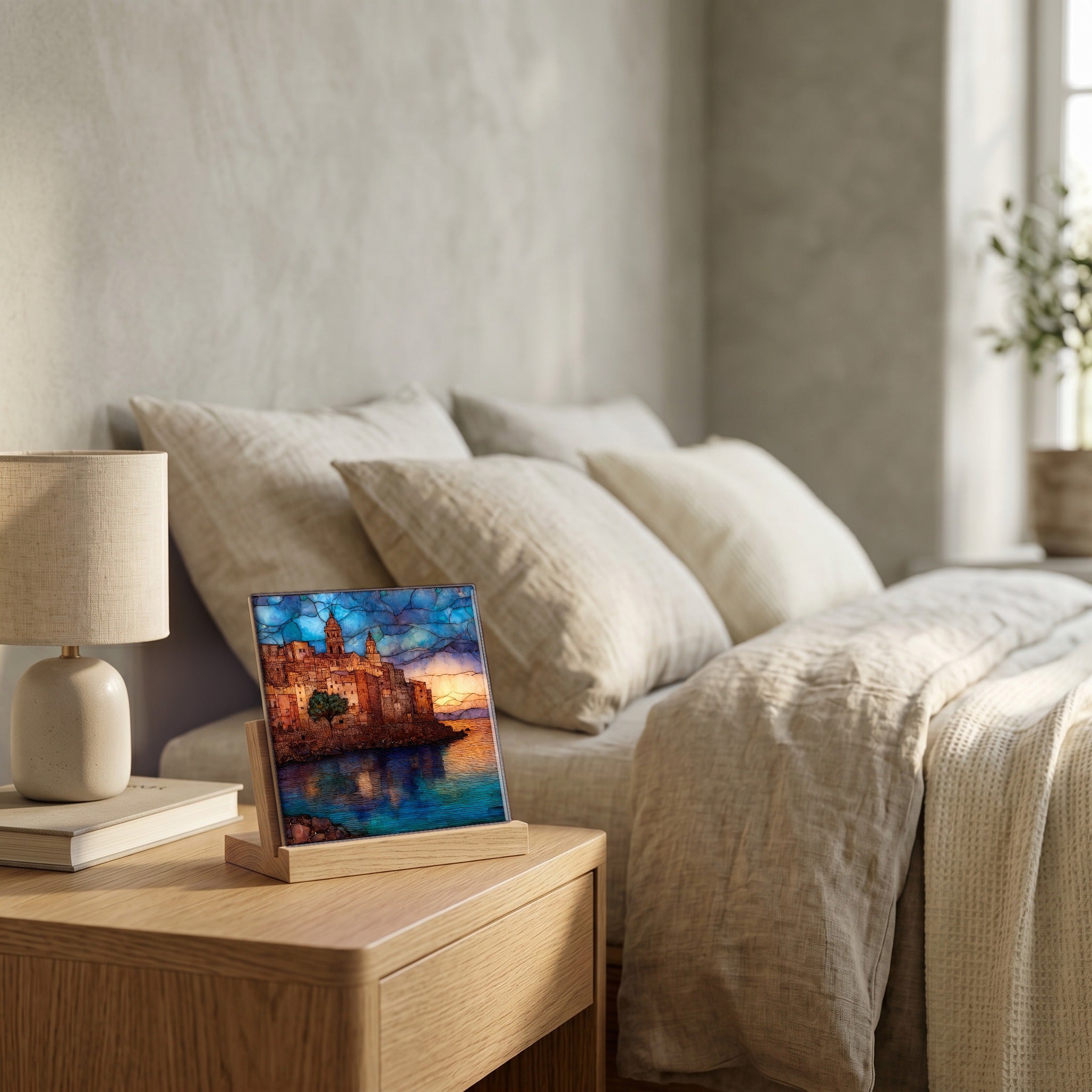 On the nightstand, on a light oak stand.