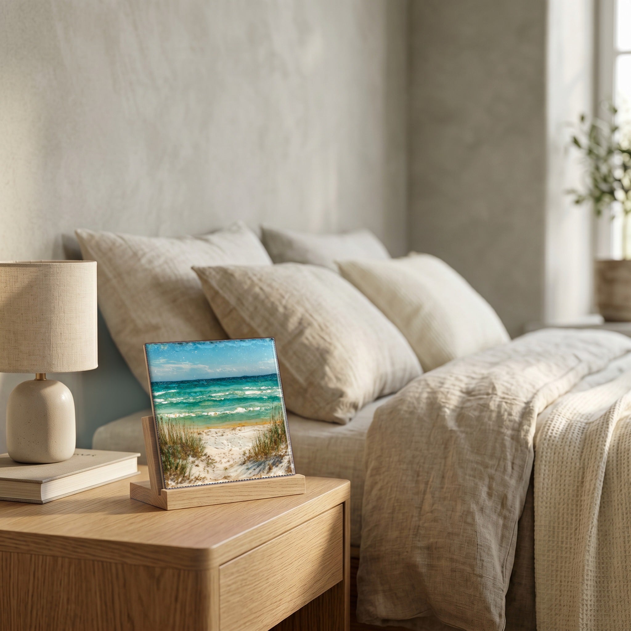 On the nightstand, catching the morning.