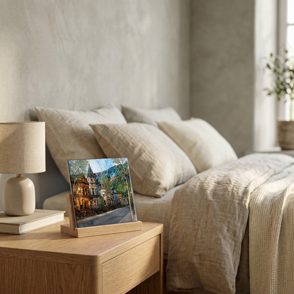 On the nightstand, catching the morning.