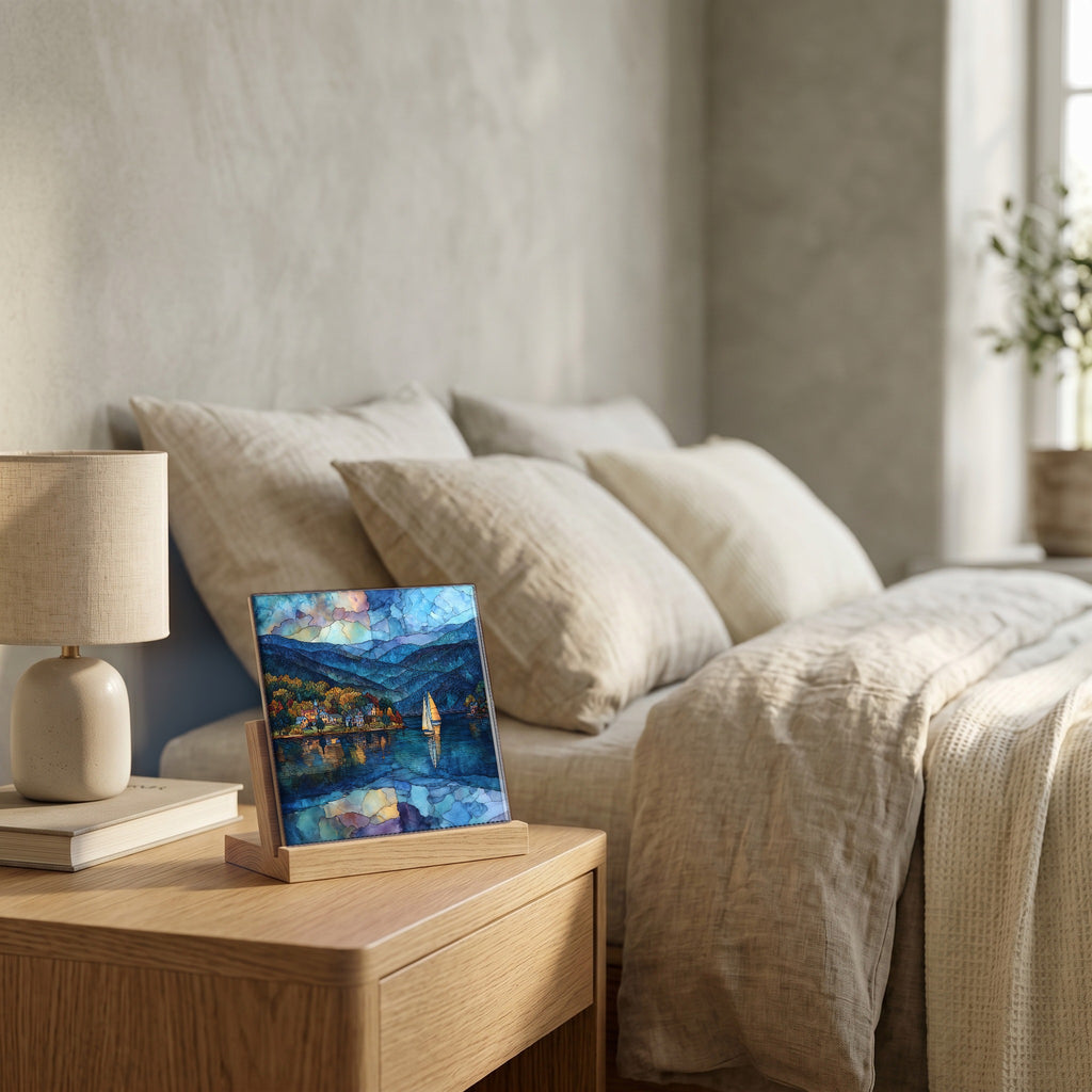 On the nightstand, catching the morning.