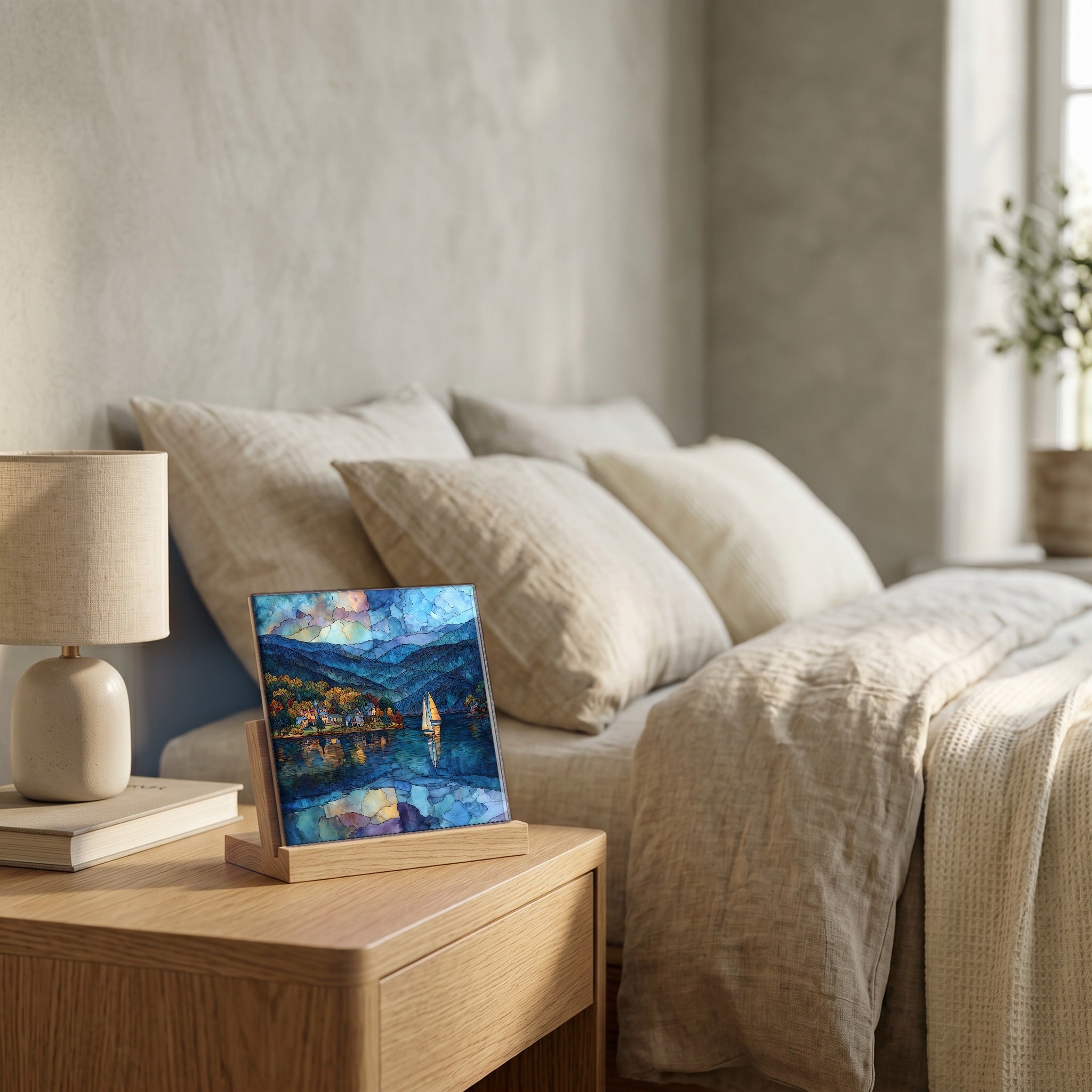 On the nightstand, catching the morning.