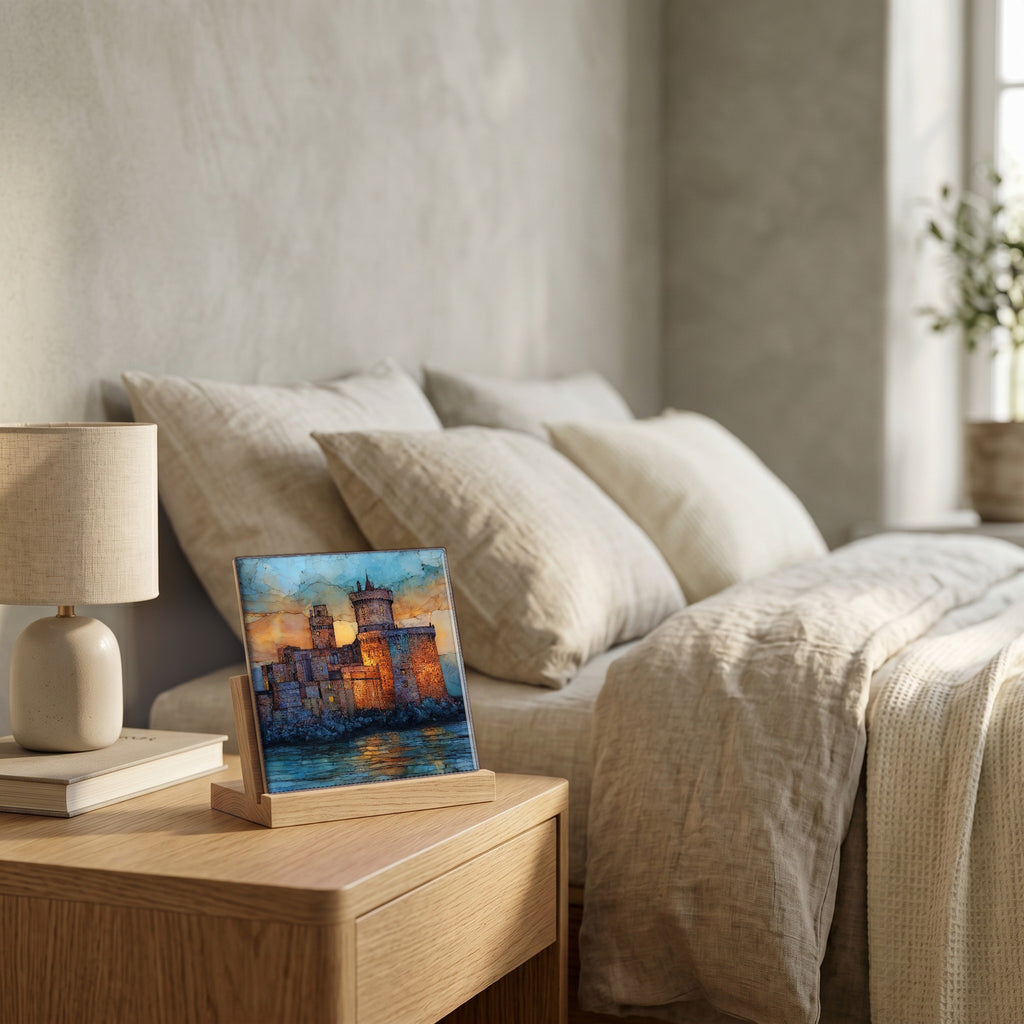 On the nightstand, catching the morning.
