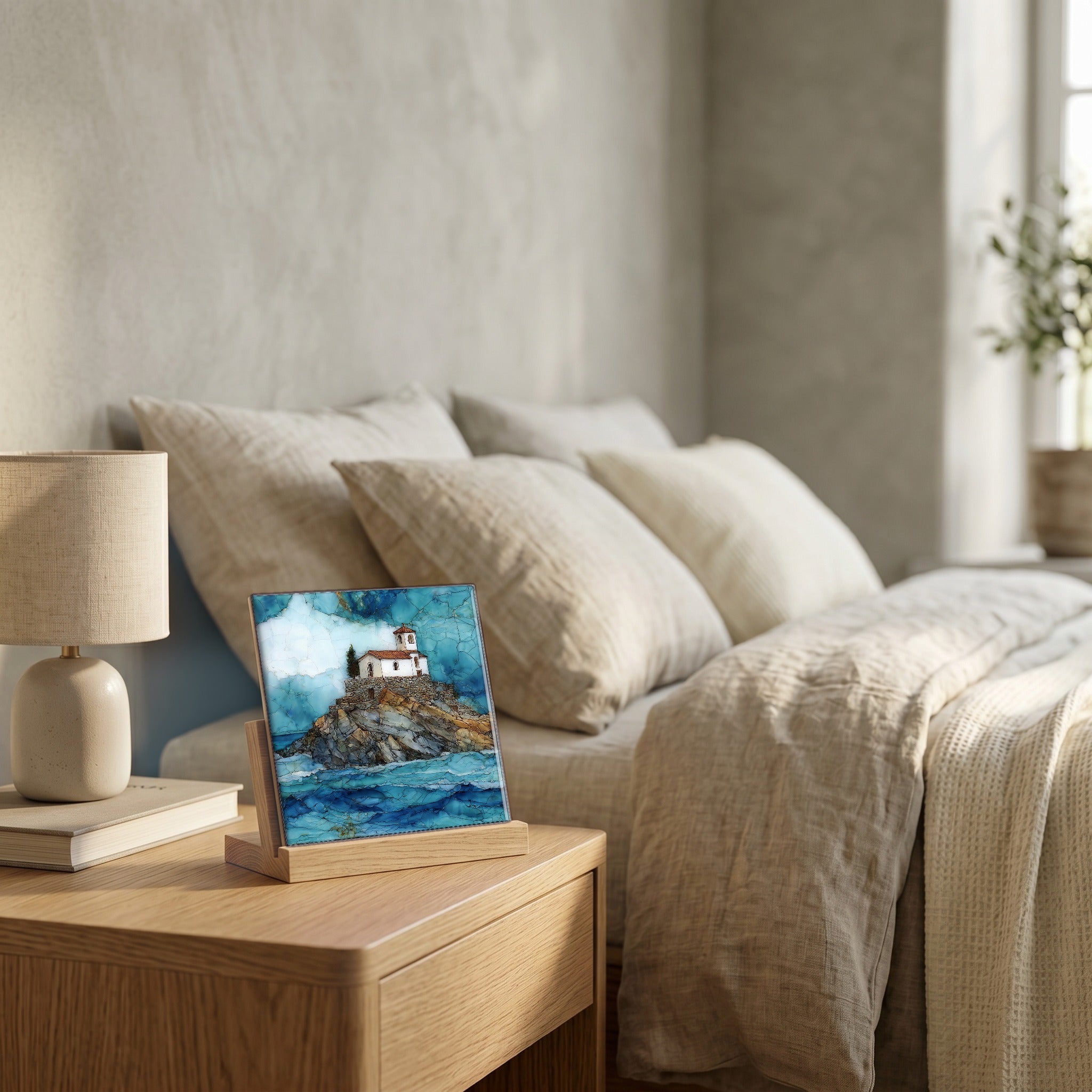 On the nightstand, catching the morning.