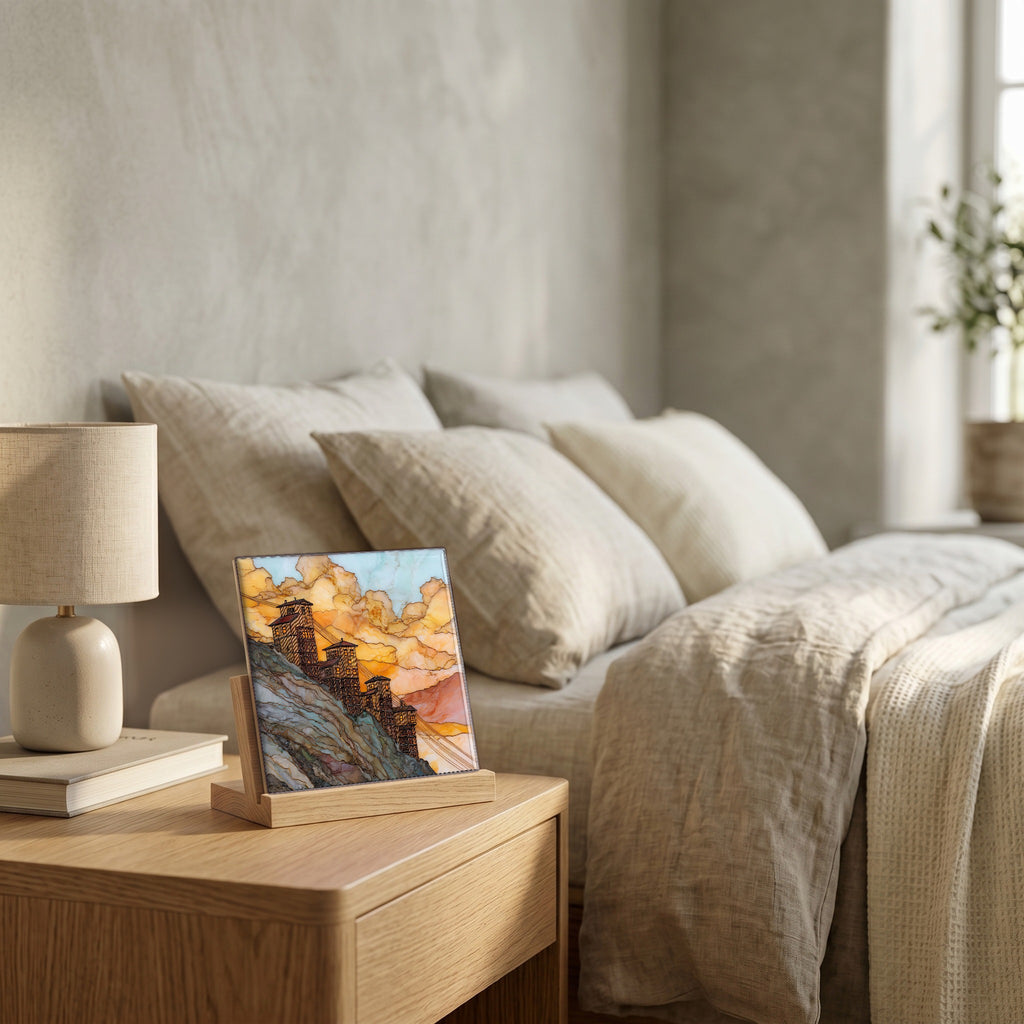 On the nightstand, on a light oak stand.