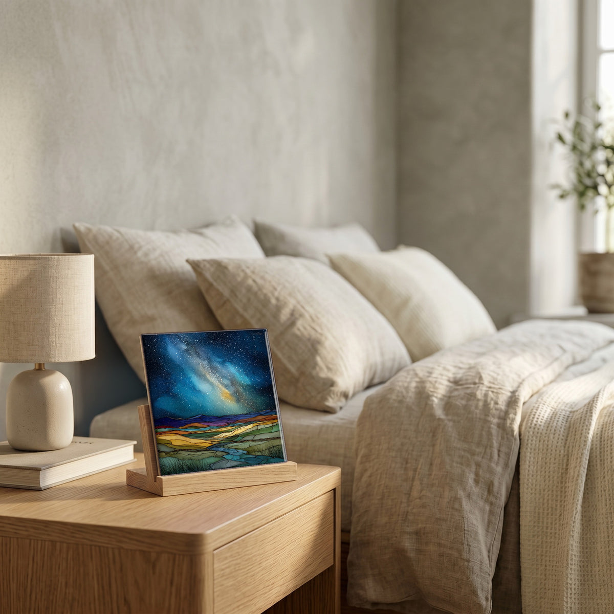 On the nightstand, catching the morning.