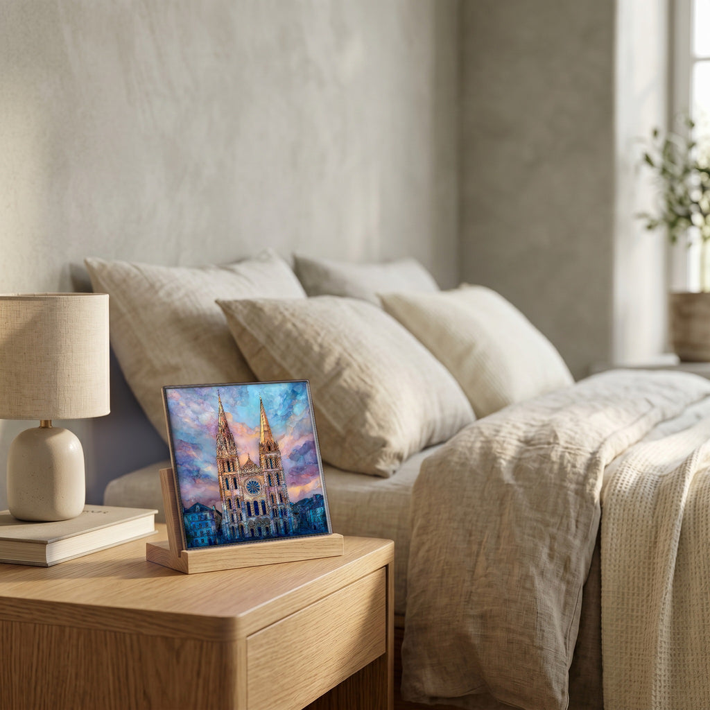 On the nightstand, on a light oak stand.